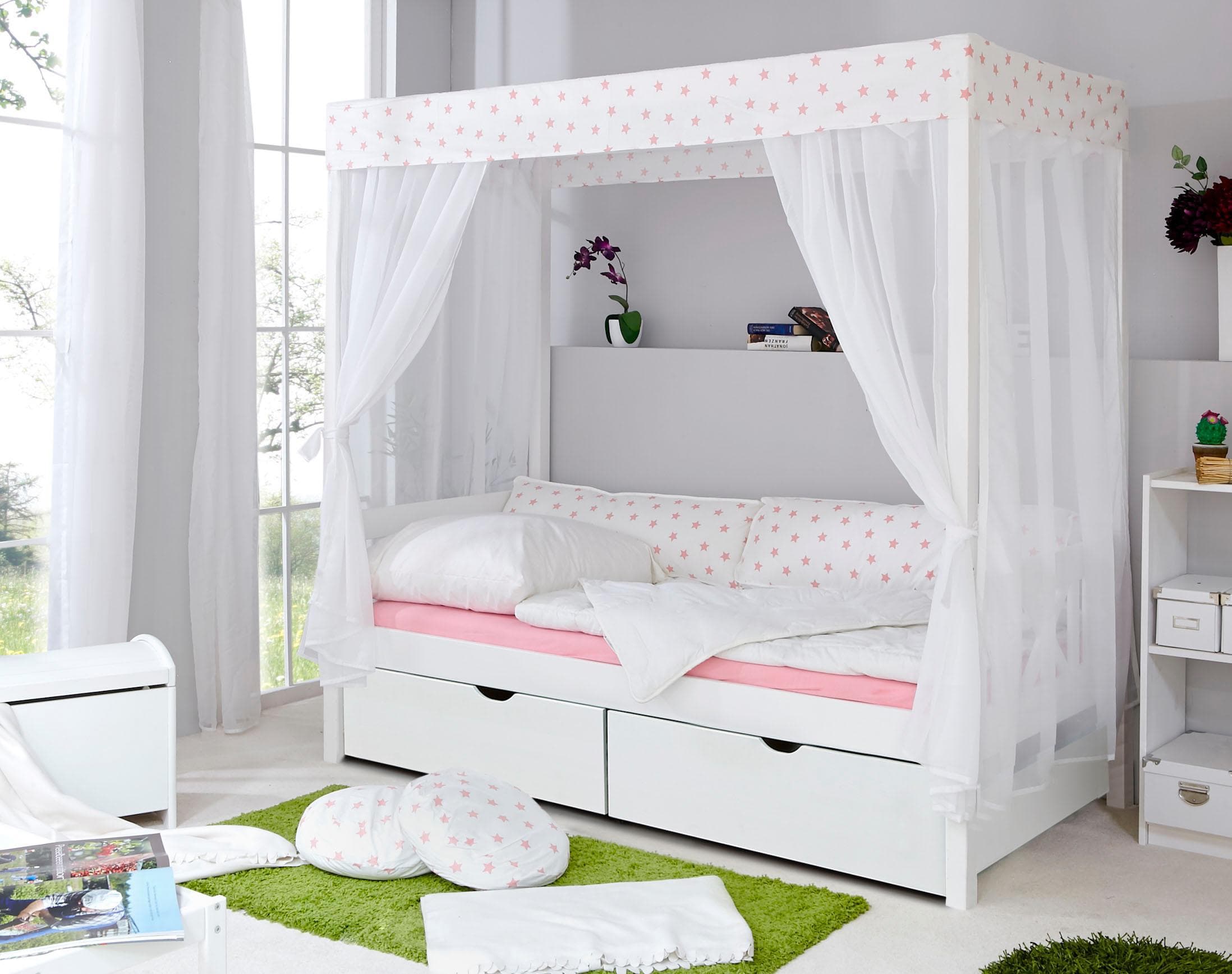 TICAA Himmelbett Lino - Massivholz Bett mit Schubkästen