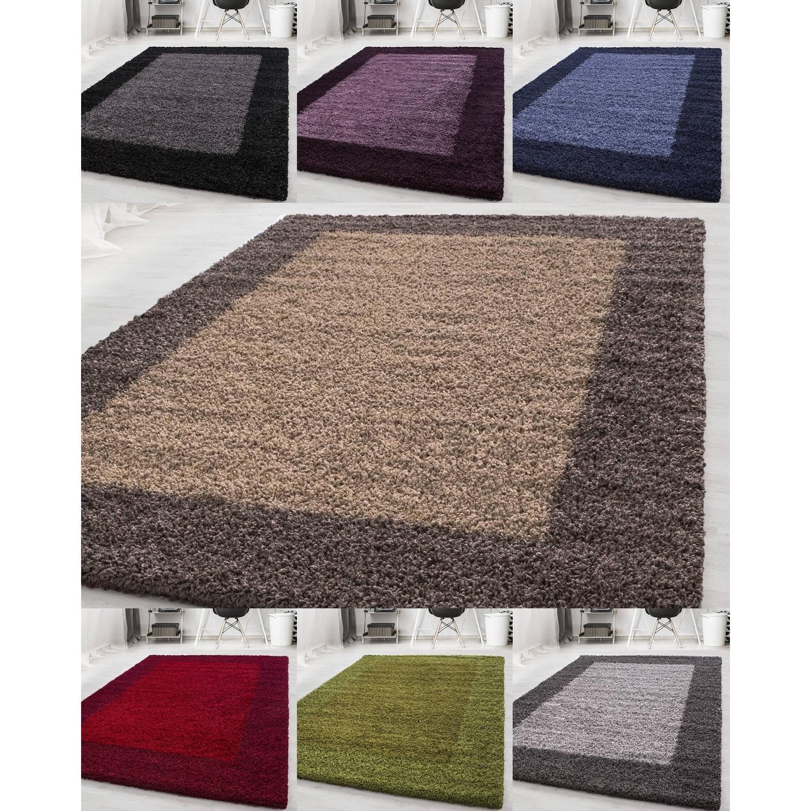 Designer Hochflor Teppich Langflor Shaggy Teppich 2-farbig Bordürenmuster