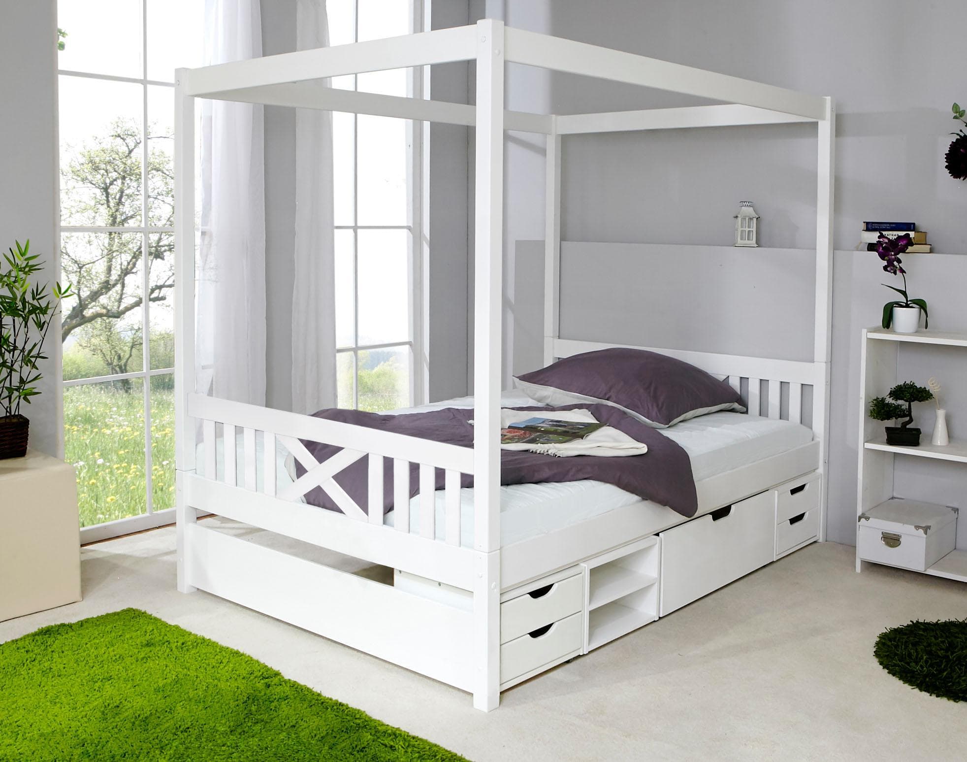 TICAA Himmelbett Lino - Massivholz Bett mit Funktionsschubkästen