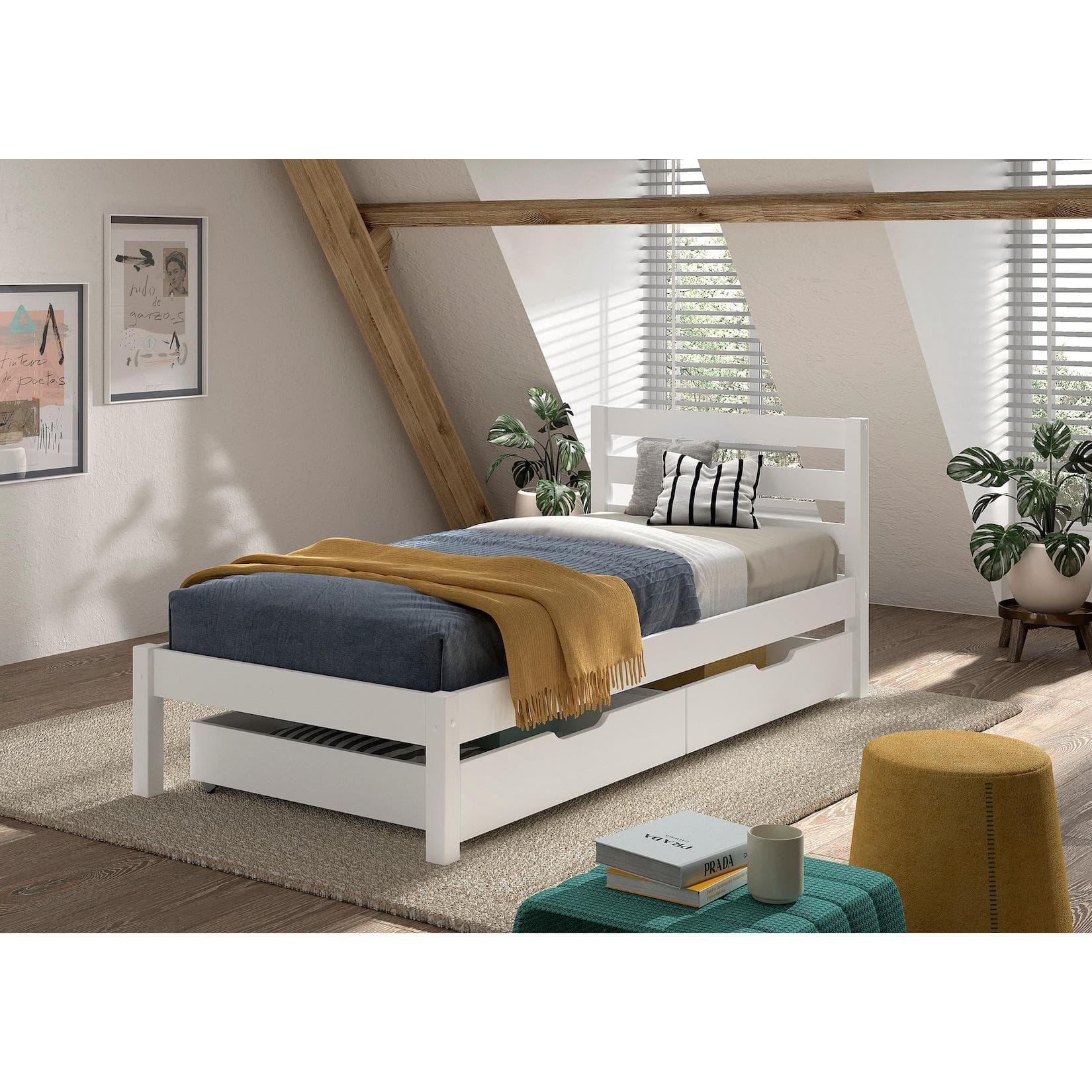 Natur24 Einzelbett Pino Weiß mit Schubladen Kiefer