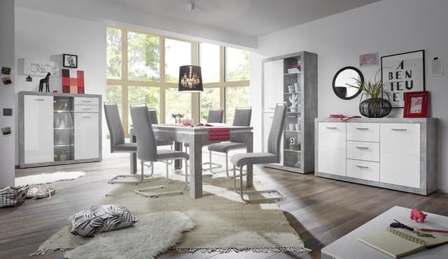 HBZ Sideboard Stone Weiß Hochglanz - Wohnzimmerschrank mit Türen und Schubkästen