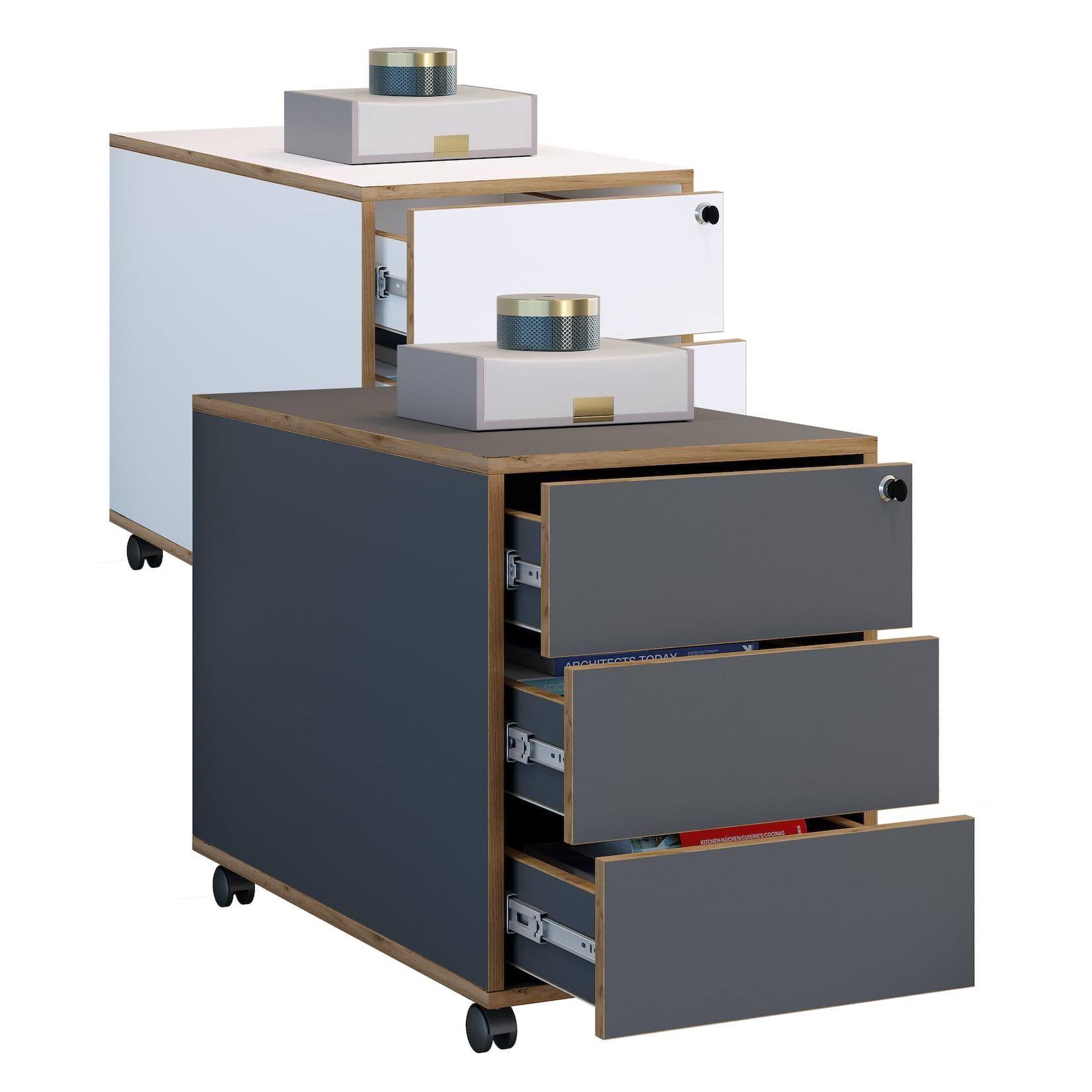 VCM Salia Rollcontainer Holz Bürocontainer mit Push-to-open Schubladen