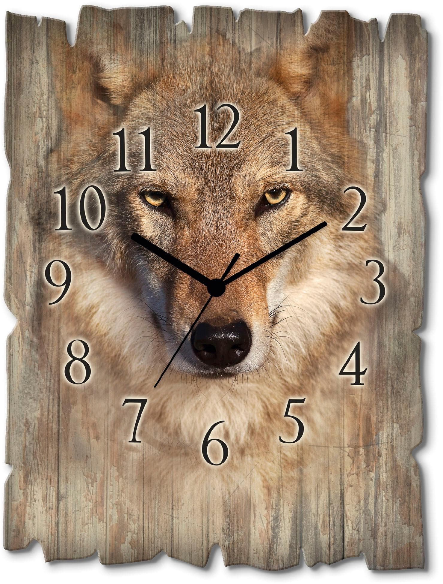 Artland Wanduhr Wolf: Lautlose Birkenholz-Uhr mit Wolf-Motiv