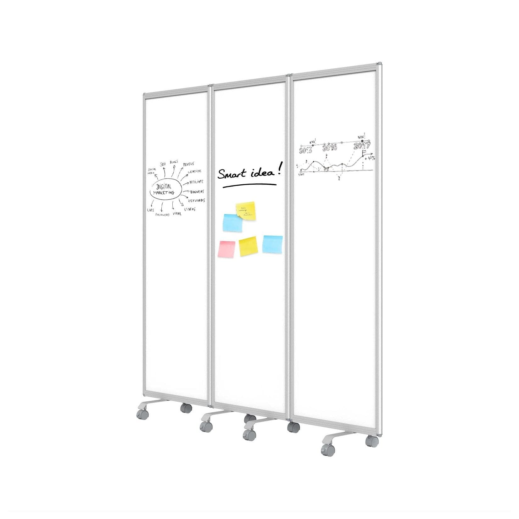 Master of Boards Mobile Trennwand 3-teilig Weiß Whiteboard