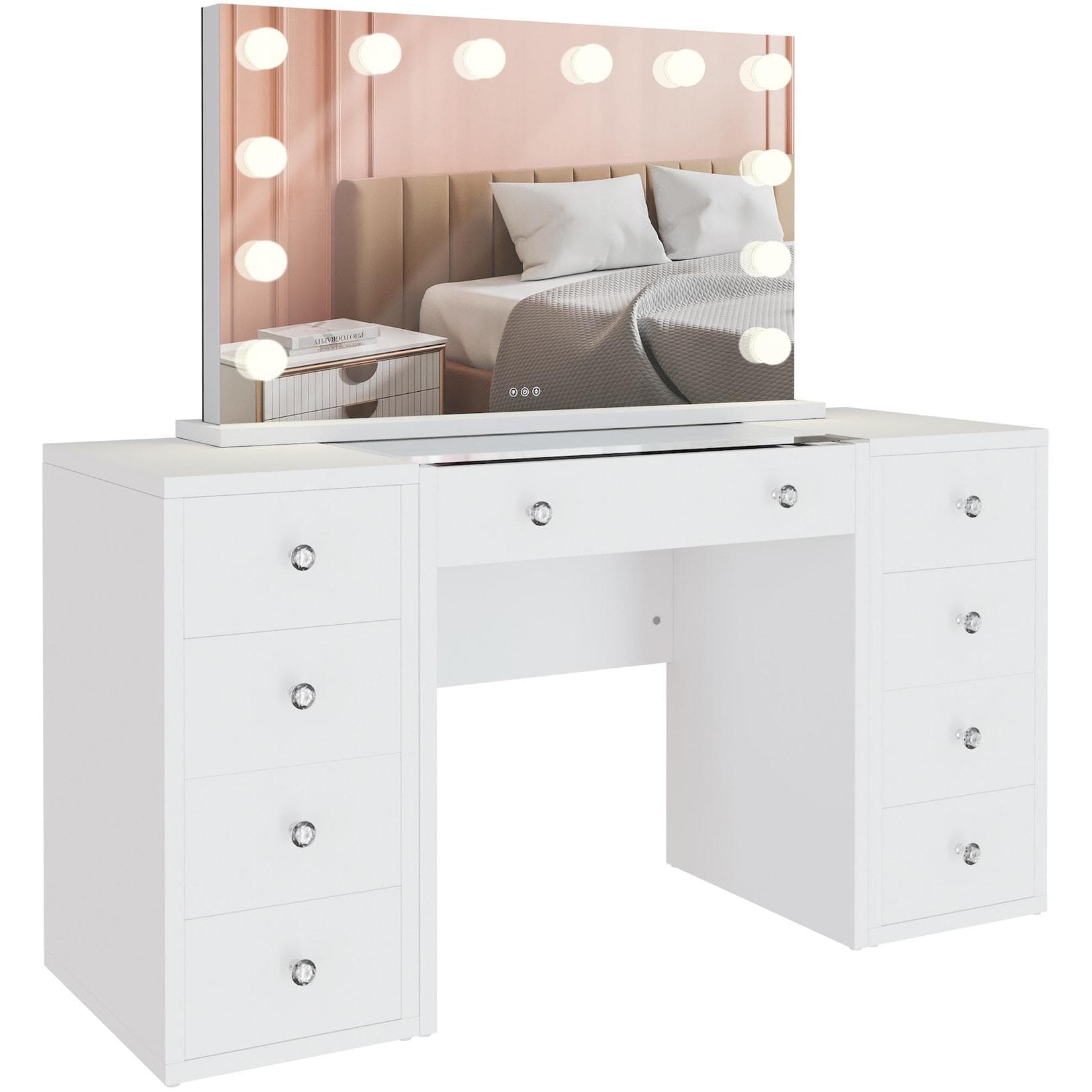 CLP Schminktisch Tiline Weiß LED-Beleuchtung 7 Schubladen Glasplatte