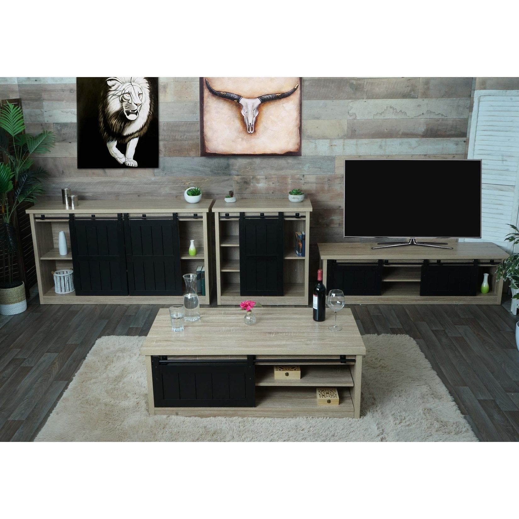 Wohnzimmerset aus TV-Rack, Sideboard, Kommode und Couchtisch MCW-K75 Industrial Naturfarben