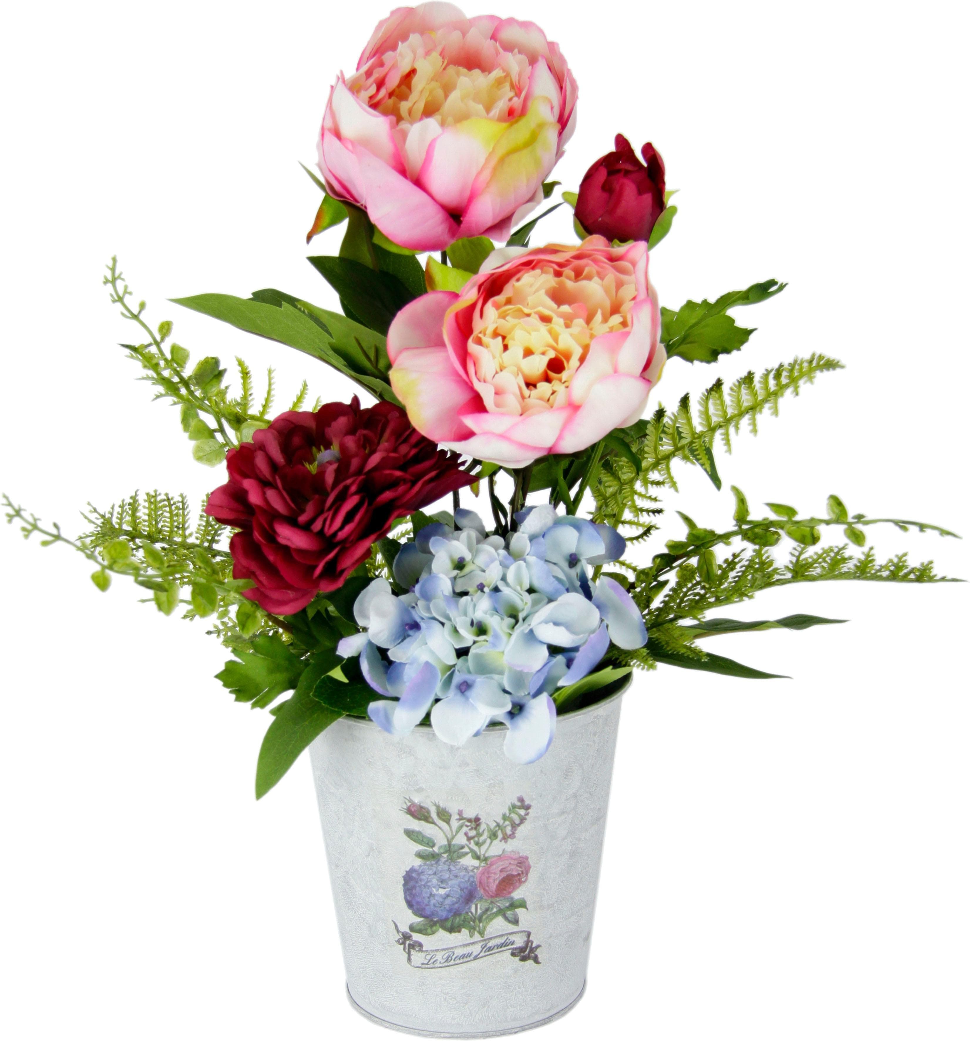 Kunstpflanze Rosen/Hortensie von I.GE.A.: Hochwertige Zinktopf-Dekoration