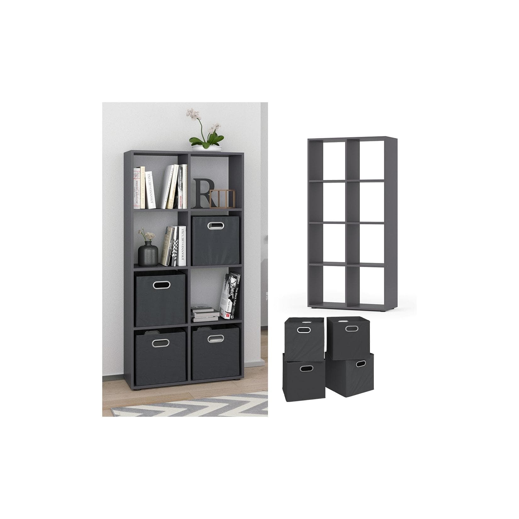 Grauer Raumteiler mit 4 Faltboxen