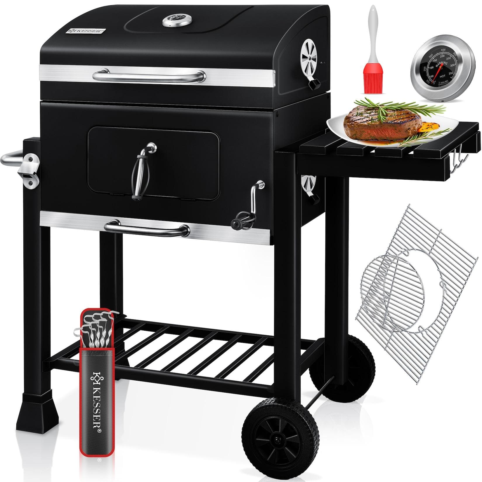 KESSER® Grillwagen XXL Holzkohlegrill mit Deckel, Rädern, Edelstahl-Griff, Grillrost und Thermometer