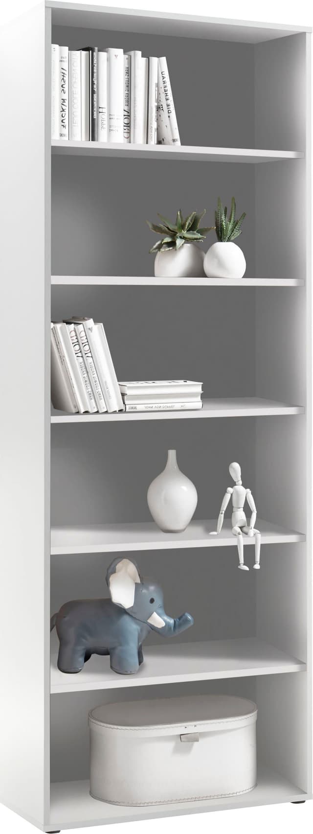 Graues Bücherregal aus Holzwerkstoff mit offenen Fächern