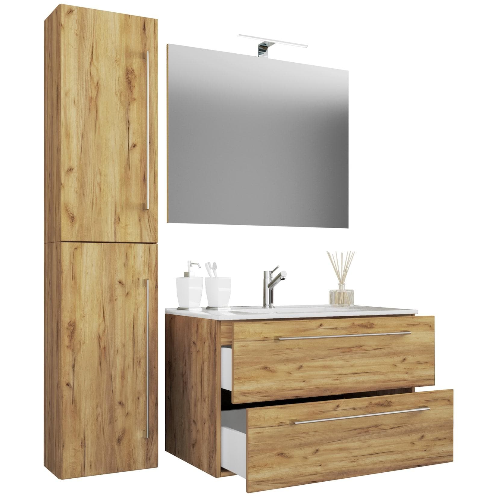 VCM 4-tlg. Waschplatz Waschtisch Waschbecken Unterschrank Breite 80 cm Badmöbel-Set mit Schubladen Drehtüren Spiegel Badinos