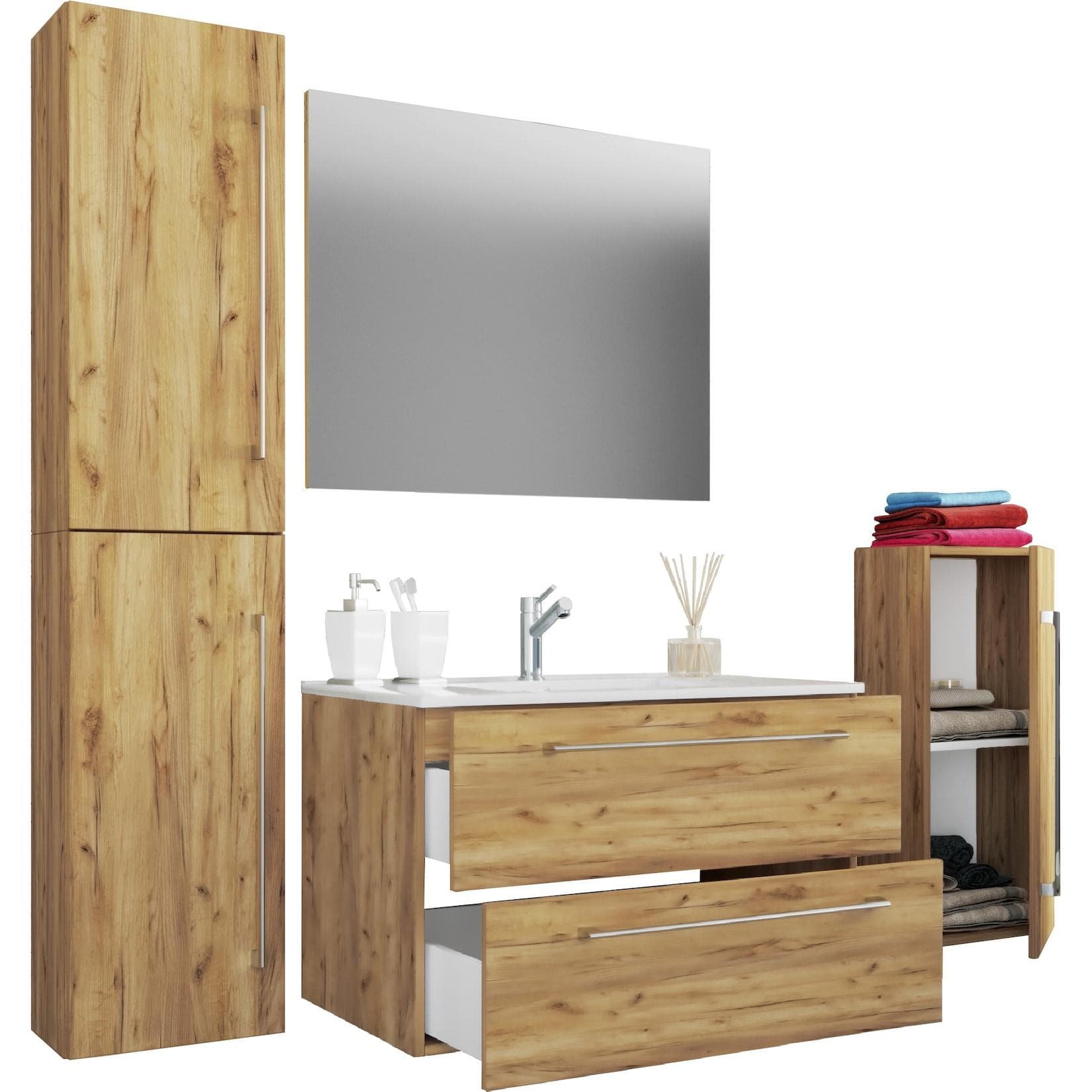 VCM 5-tlg. Badmöbel-Set mit Waschtisch, Spiegel, Keramik-Waschbecken, Midischrank und Hochschrank