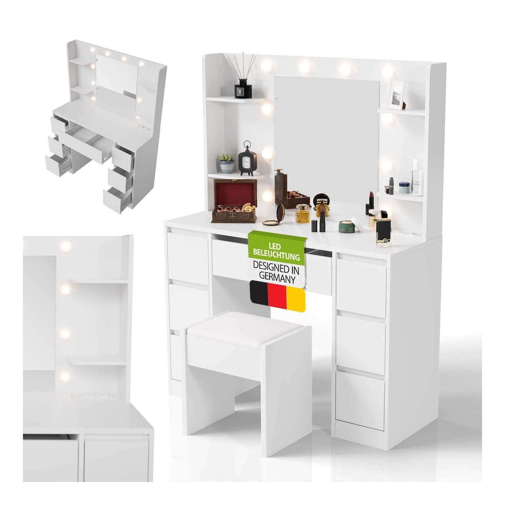 Juskys Schminktisch Malia LED Weiß mit Hocker