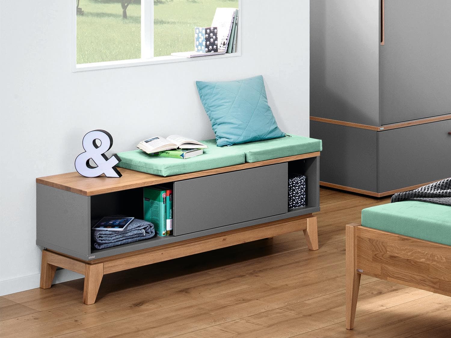 PAIDI Lowboard Sten Schiefergrau Massive Eiche