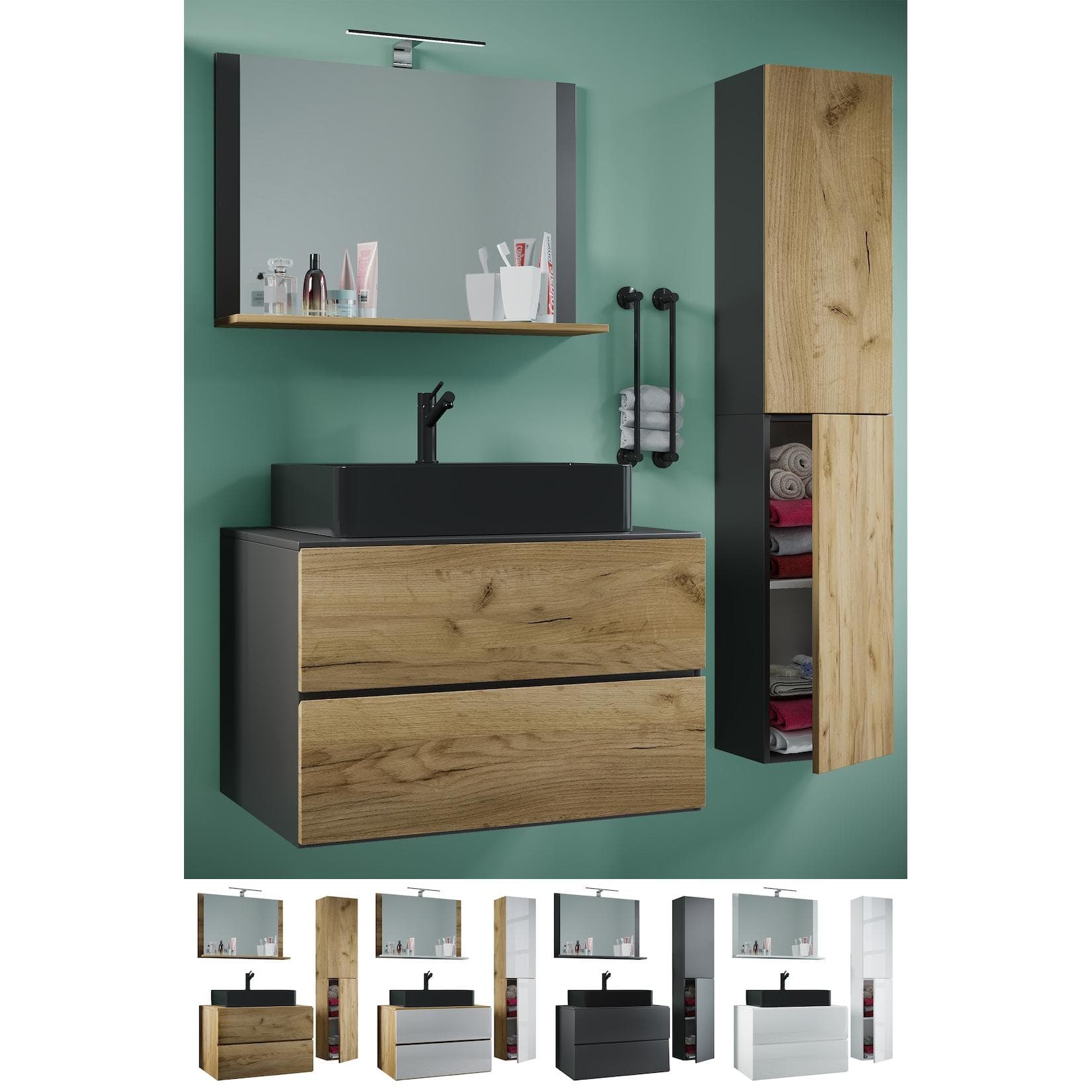 VCM 4-tlg. Waschplatz Waschtisch Set mit schwarzem Waschbecken und Unterschrank