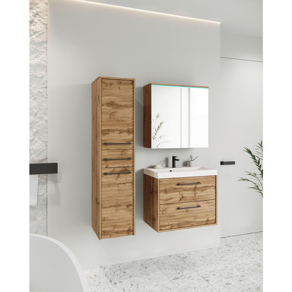 P & B Badezimmer Set Eiche Wotan Metall 4-teilig 4 Fächer 3,2,1 Schubladen 90 cm FSC Hängend
