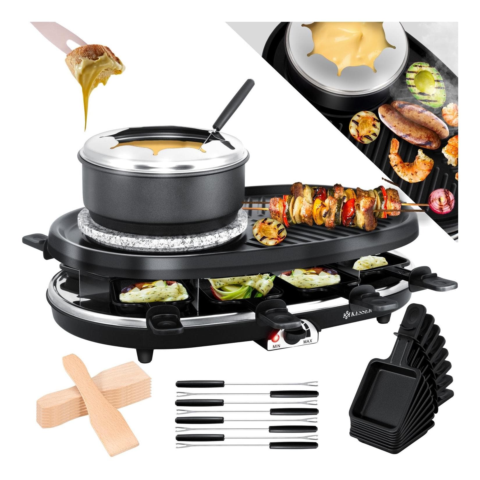 KESSER 3in1 Raclette-Grill mit Natursteinplatte, 1500W, 8 Pfannen