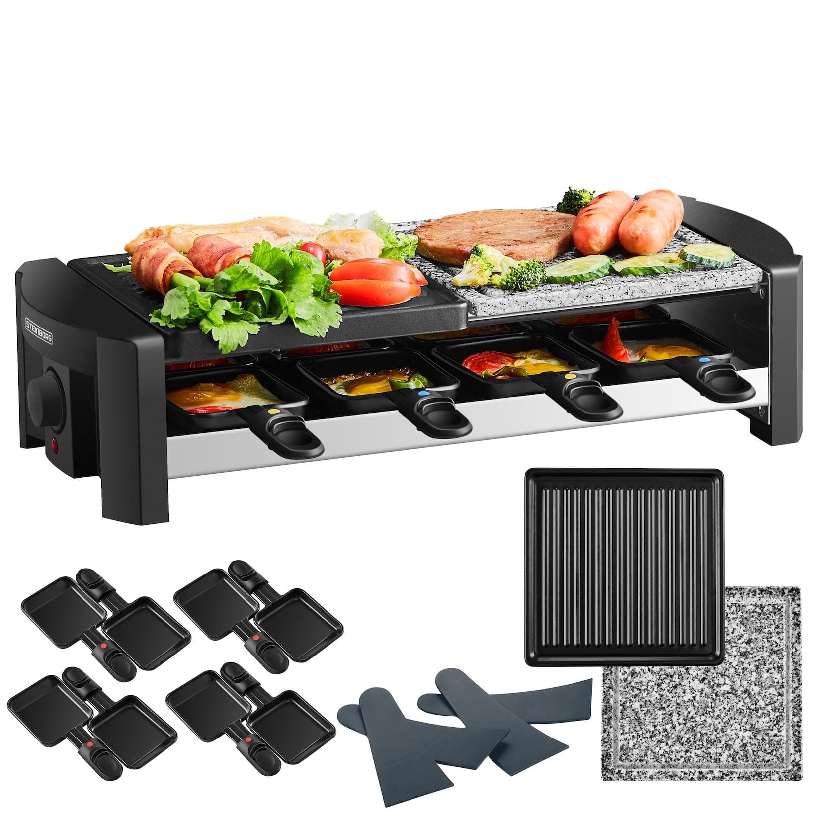 Steinborg Raclette Grill für 8 Personen mit kombinierter Grillfläche 1300W