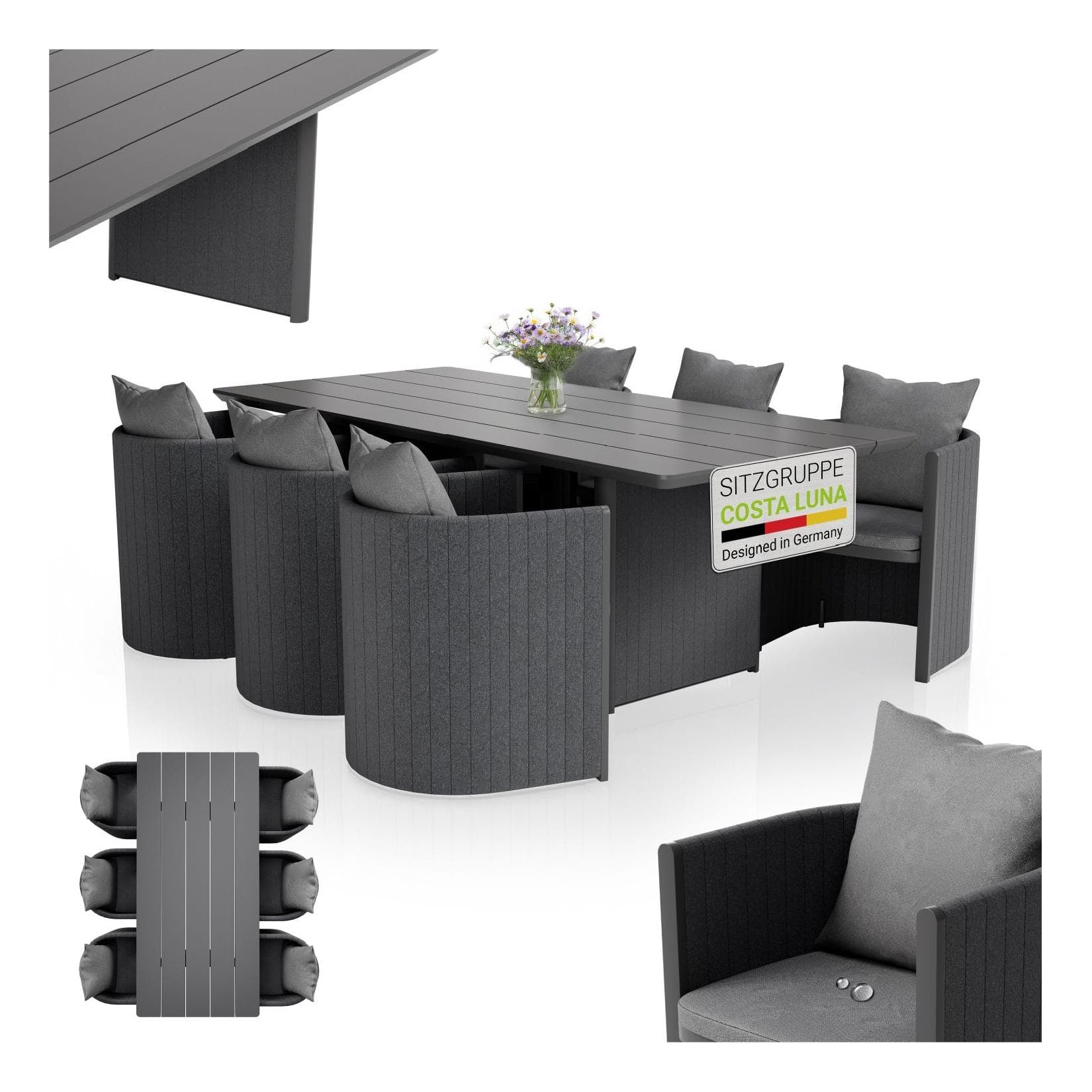 Juskys Premium Gartengarnitur Sitzgruppe Costa Luna 7-teilig Anthrazit