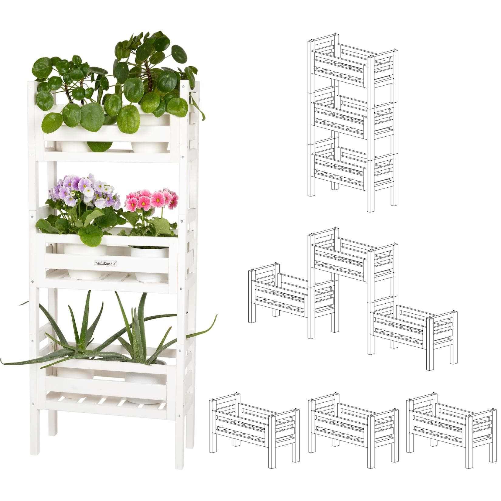 needs&wants® Blumenständer: Weißes Fichtenholz Pflanzenregal für Indoor & Outdoor
