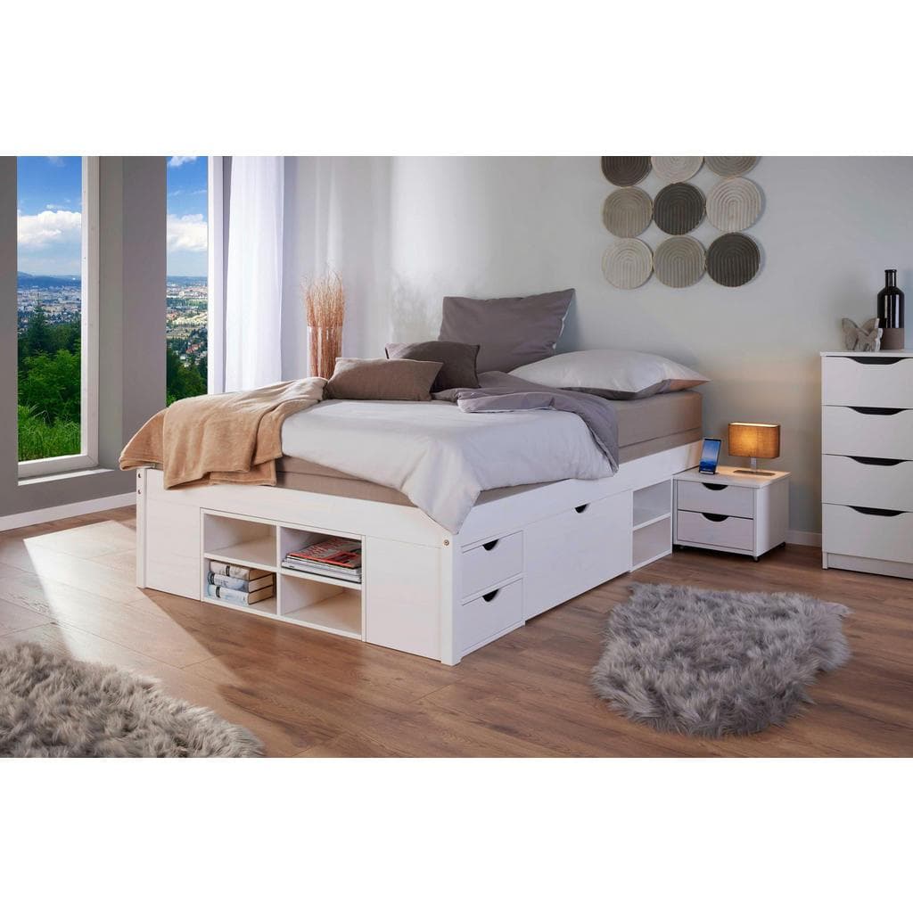 Funktionsbett aus Massivholz mit Schubladen und Einlegeböden