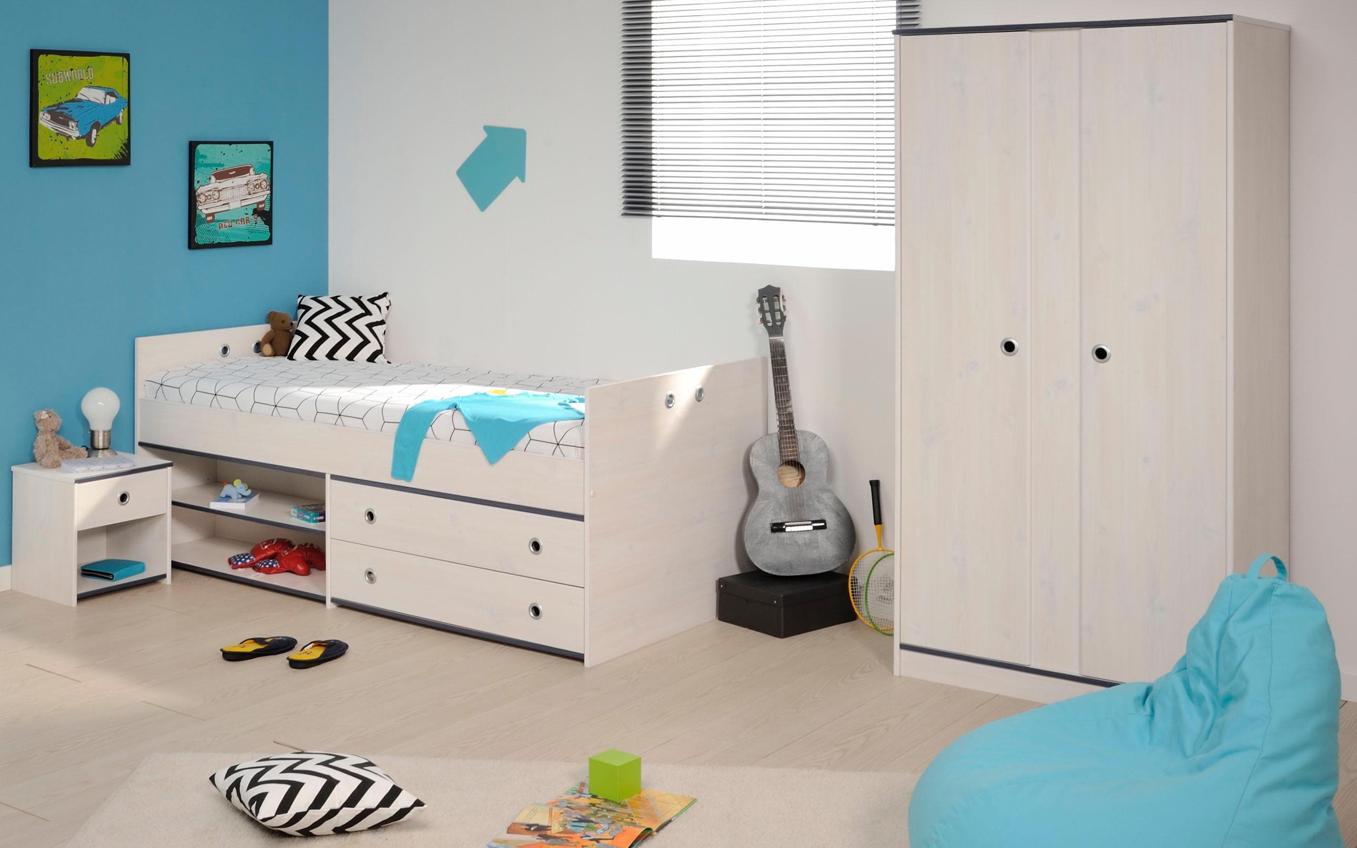 Jugendzimmer-Set PARISOT "Smoozy" Bett Nachttisch Kleiderschrank Weiß Kieferstruktur