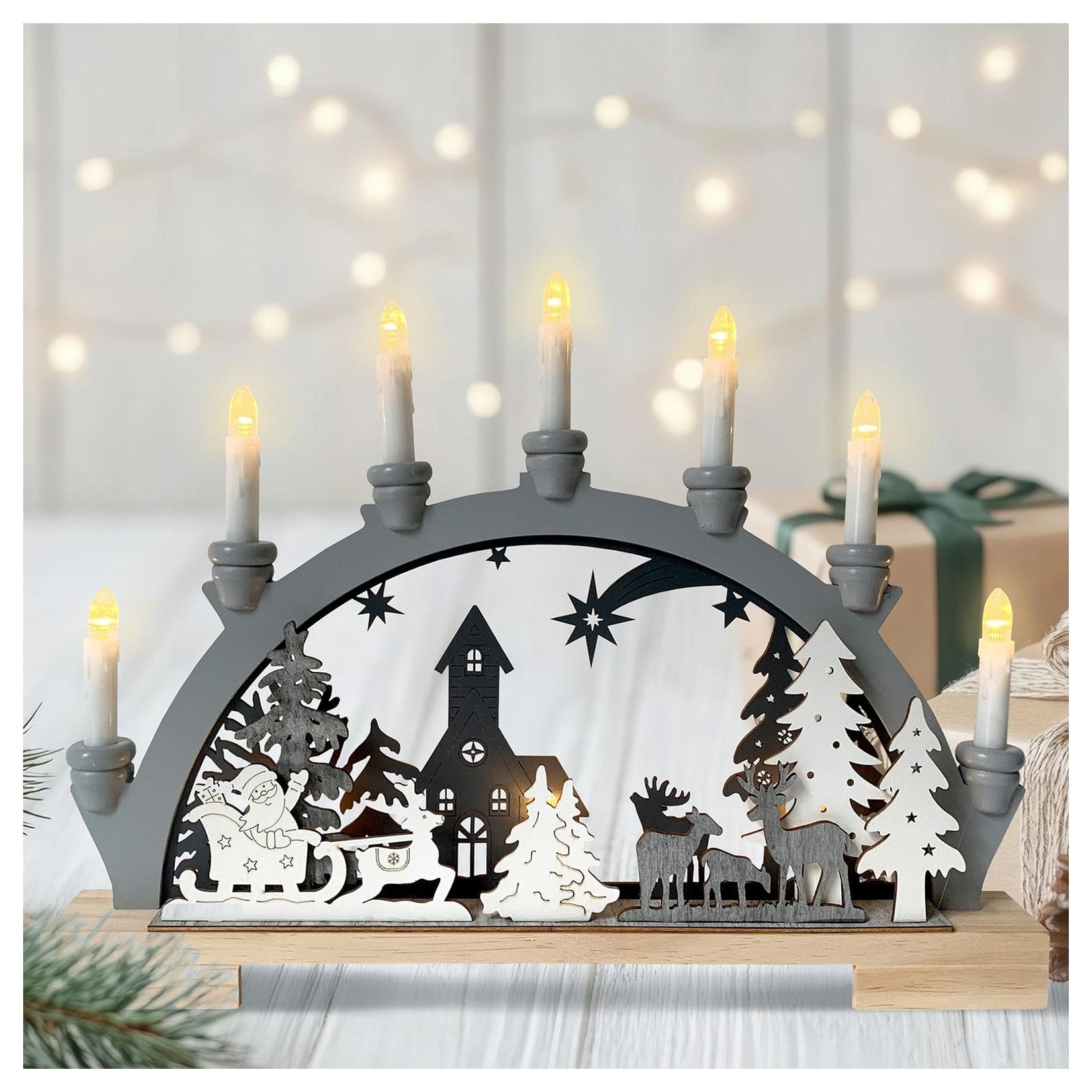 Moderner Schwibbogen aus Holz in Grau