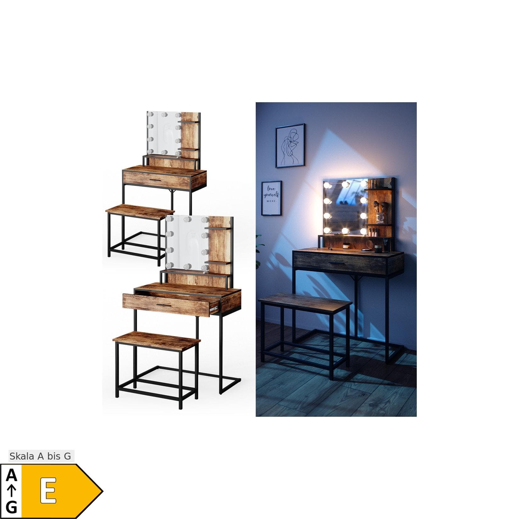 Vicco Schminktisch Fyrk Eiche rustikal/Schwarz mit LED-Beleuchtung und Stuhl