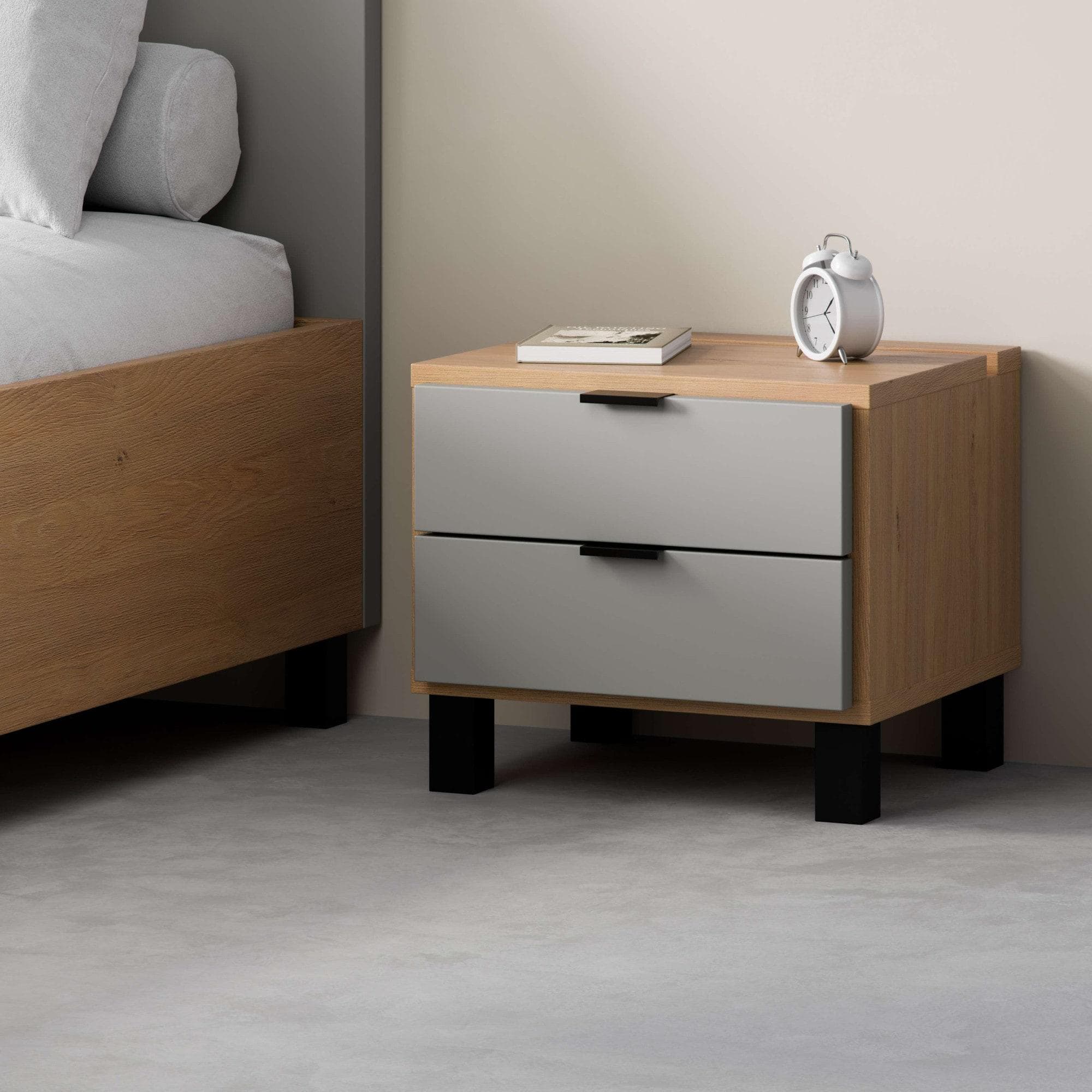 Nachttisch VOX SIMPLE mit Beleuchtung, 2 Schubladen, Metallgriffe, Eiche/Grau