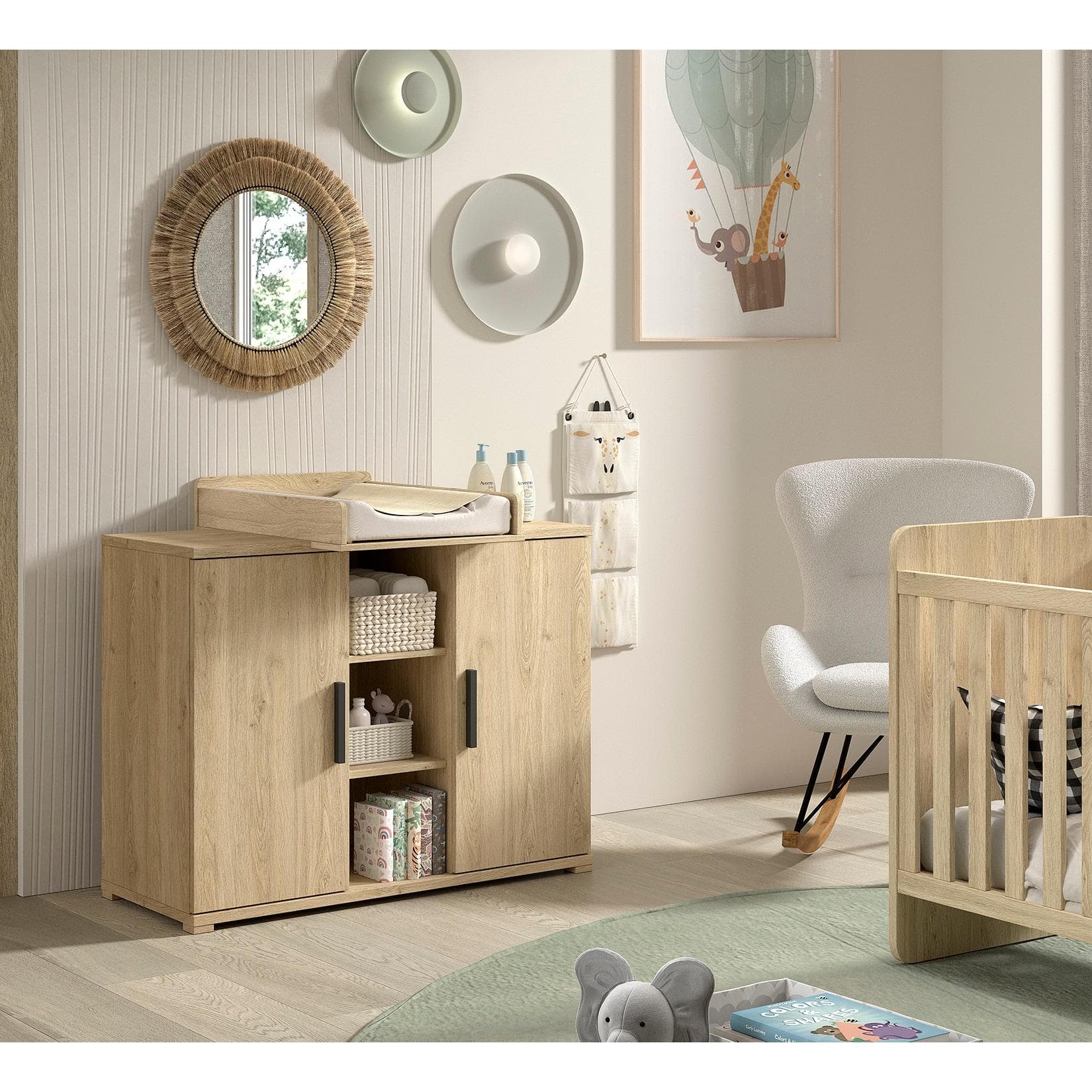 SAM Wickelkommode 2-trg. mit Regal inkl. Wickelaufsatz, Ausf. Eiche Melamin Dekor