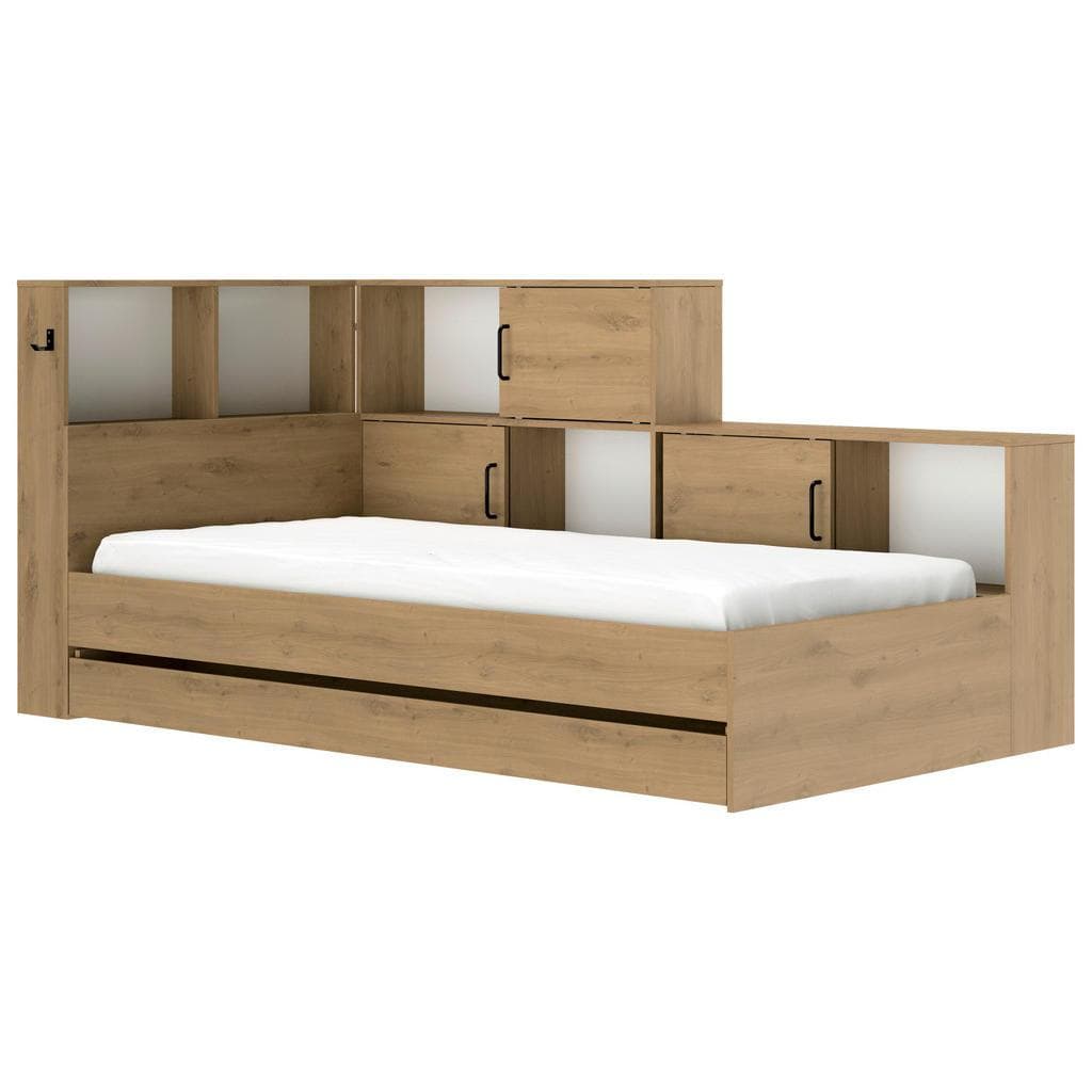 Stauraumbett mit großer Schublade, Regalen und Ablagefächern