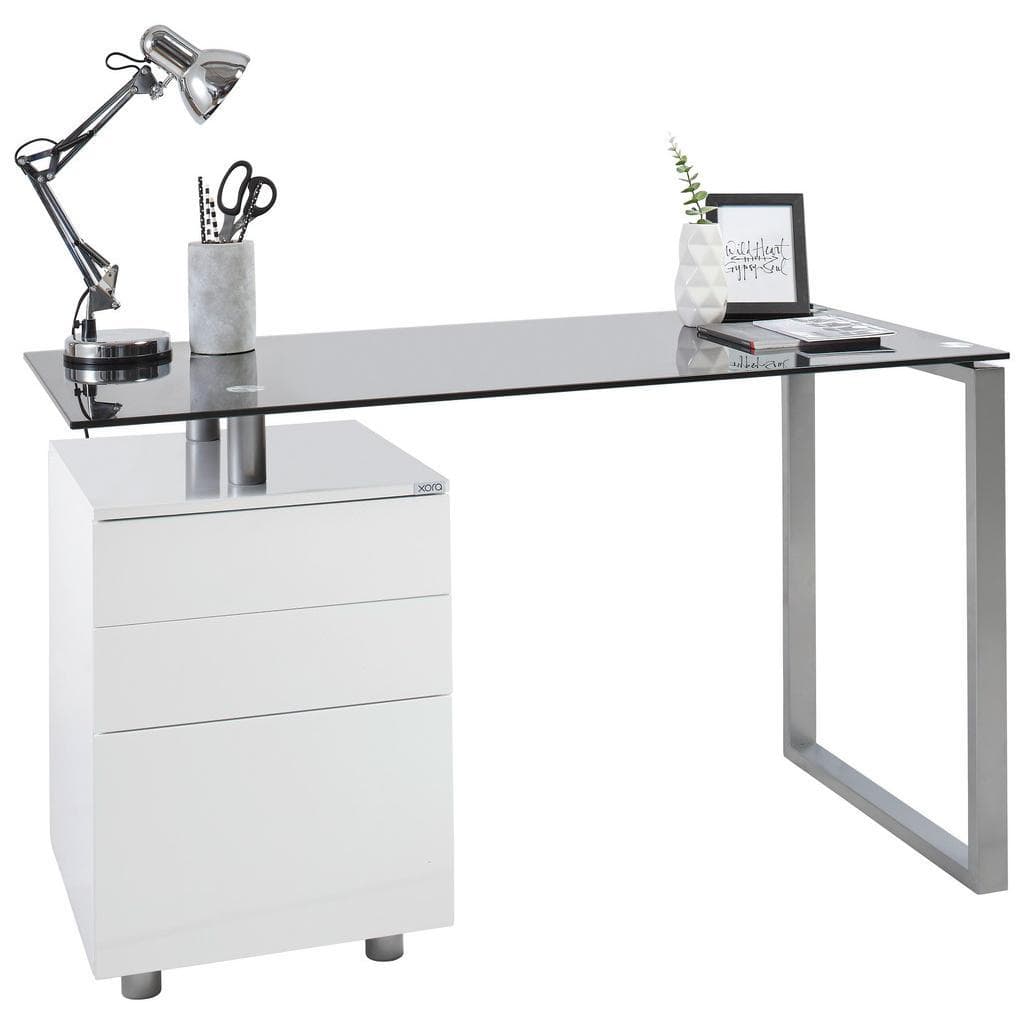Xora Schreibtisch Schwarz Silber Weiß Metall Glas Holzwerkstoff 3 Schubladen