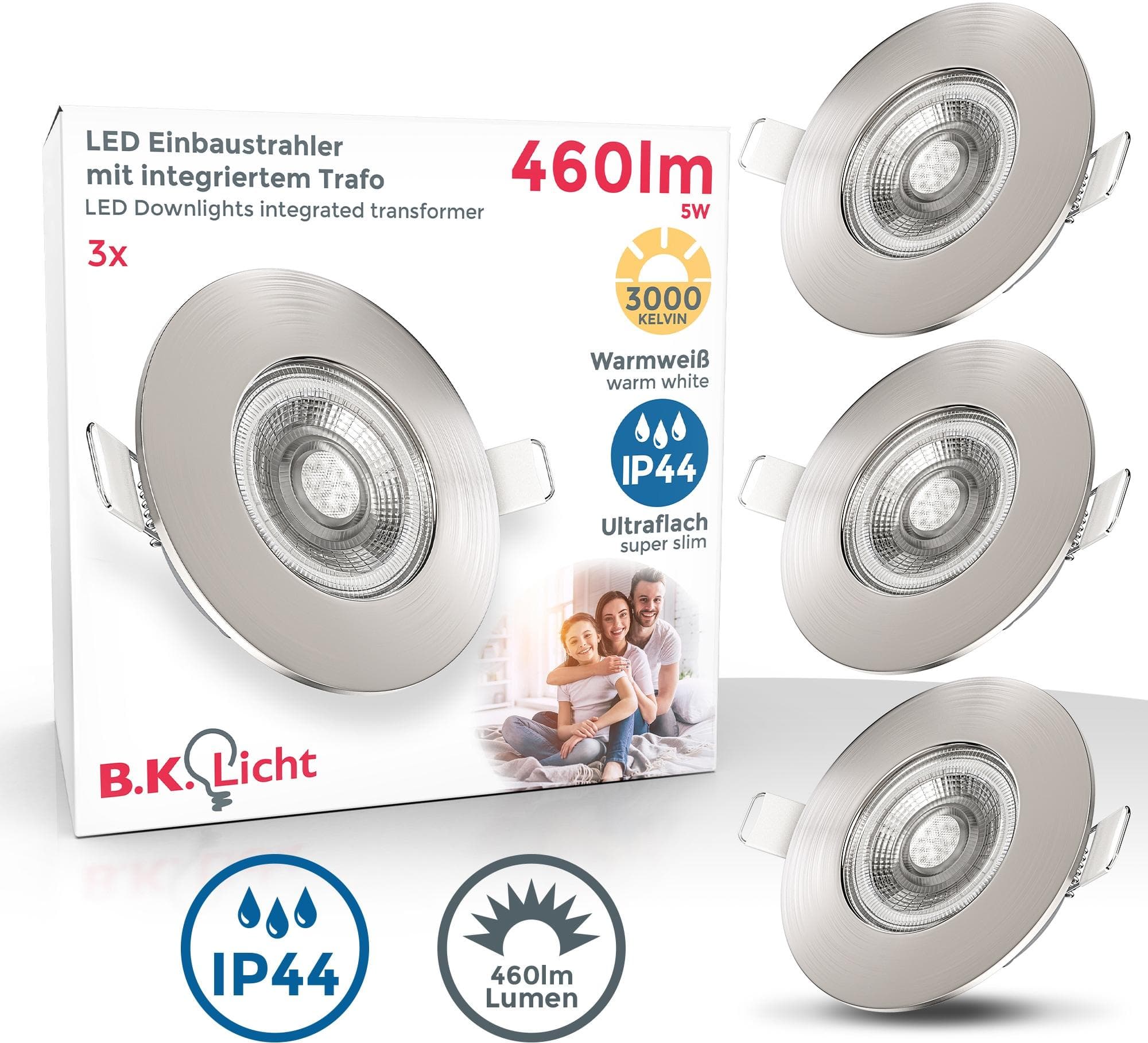 B.K.Licht LED Einbaustrahler Bad Set Ultraflach Matt-Nickel Warmweiß IP44