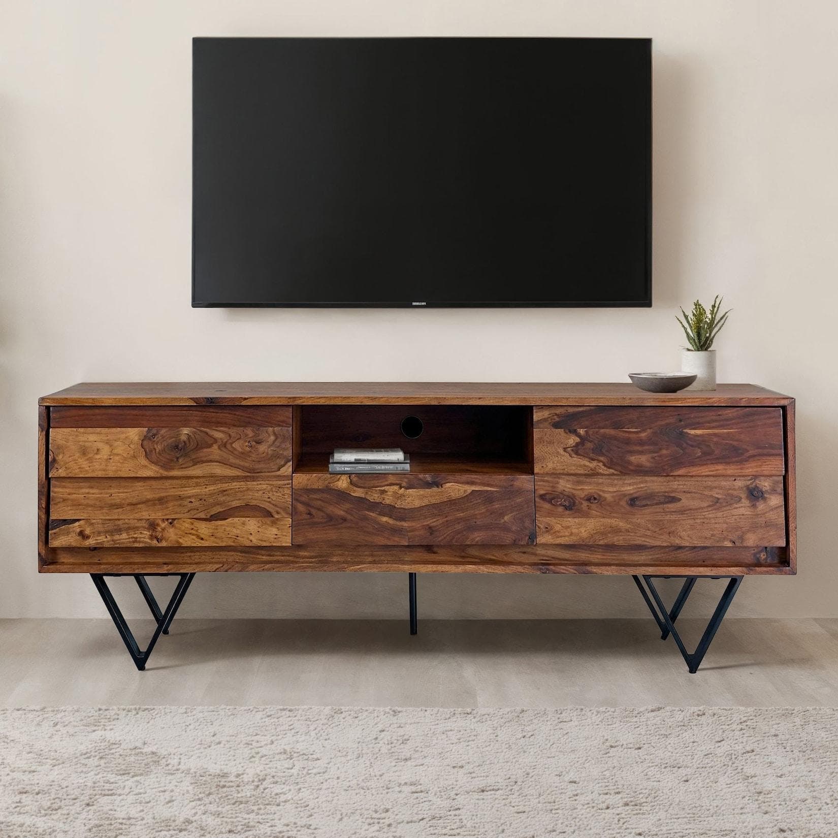 FineBuy TV Lowboard Sheesham Massivholz 160 cm Türen Schublade Fach Metallfüße
