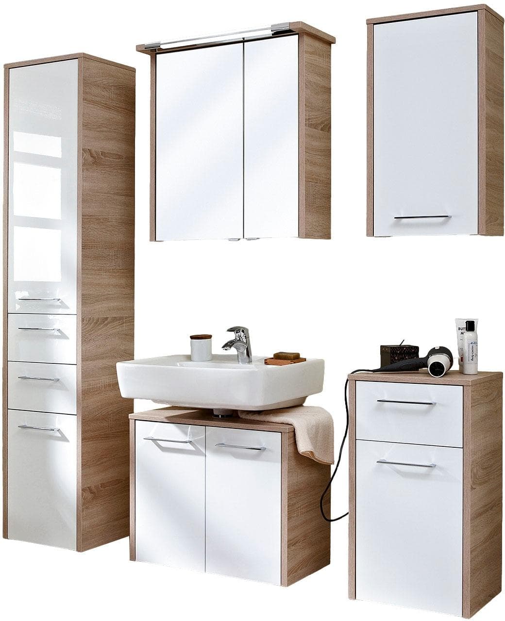 Baur Versand Badmöbel-Set SAPHIR Quickset 382 5-teilig Waschbeckenunterschrank LED-Spiegelschrank Weiß Eiche Natur Quer Nachbildung