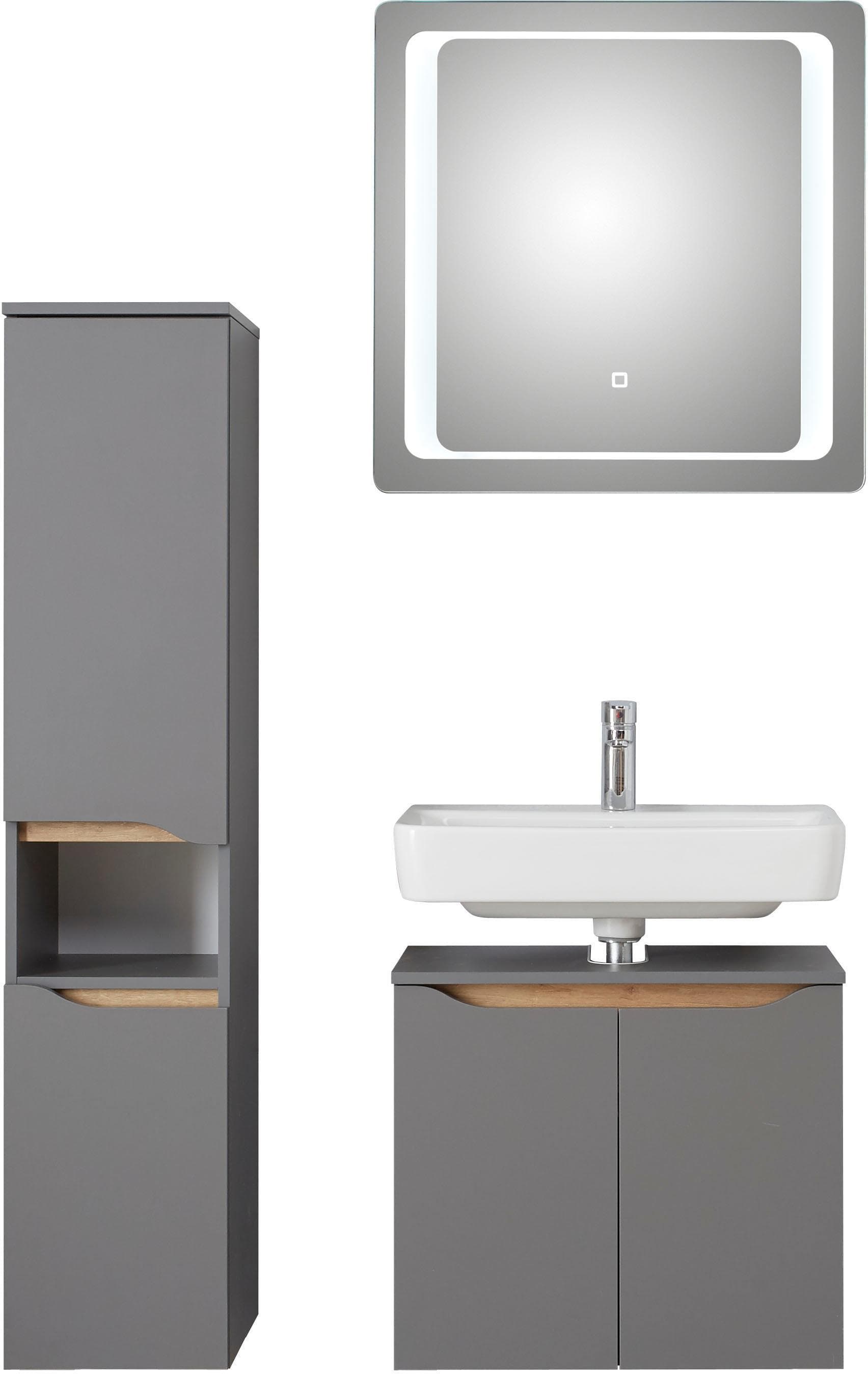 Saphir Badmöbel-Set Quickset 3-teilig, Waschbeckenunterschrank mit LED-Spiegel, (3-St), mit Midischrank, inkl. Türdämpfer, 4 Türen, 1 Nische, Bad-Set