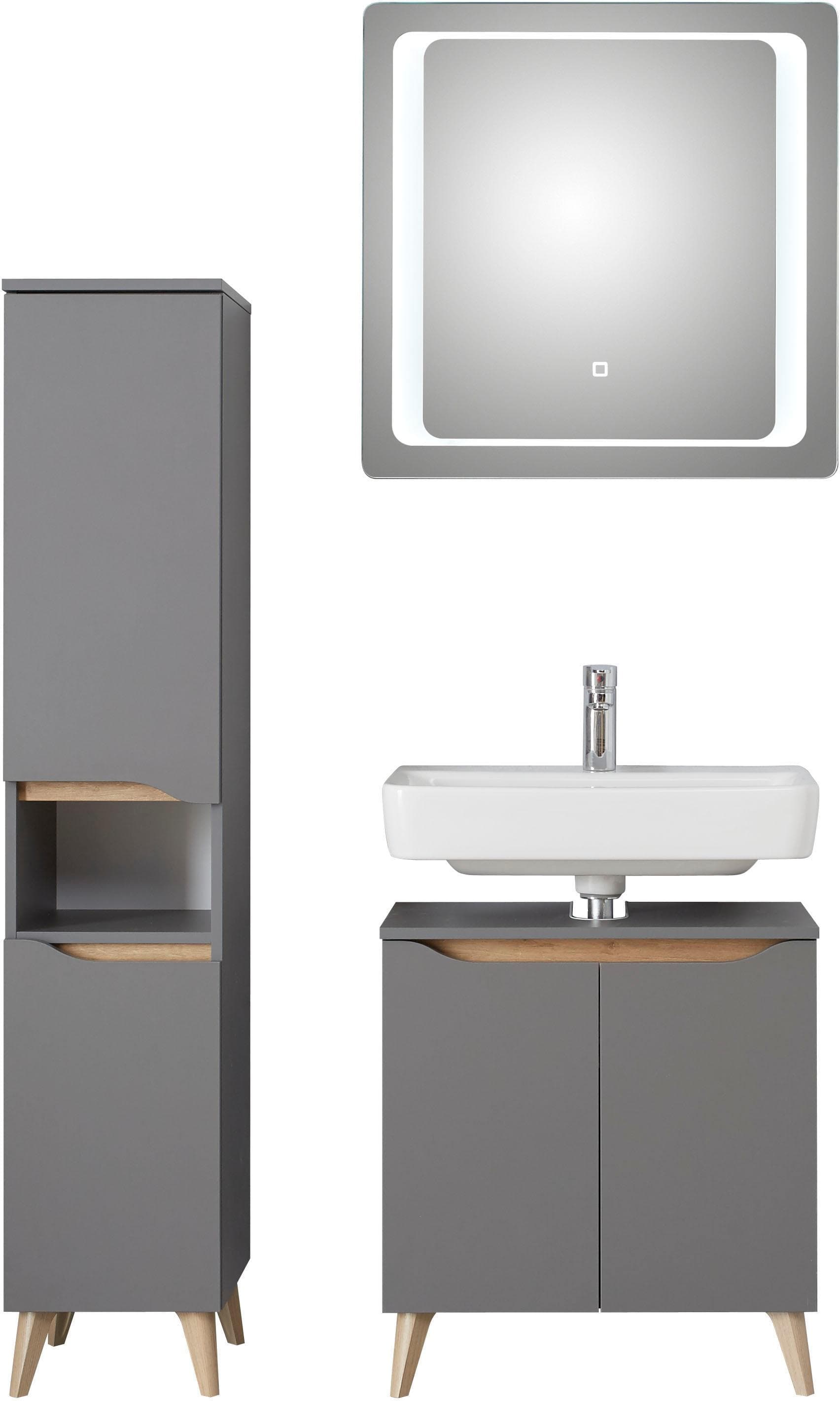 Saphir Badmöbel-Set Quickset 3-teilig, Waschbeckenunterschrank mit LED-Spiegel, (3-St), mit Midischrank, inkl. Türdämpfer, 4 Türen, 1 Nische, Bad-Set