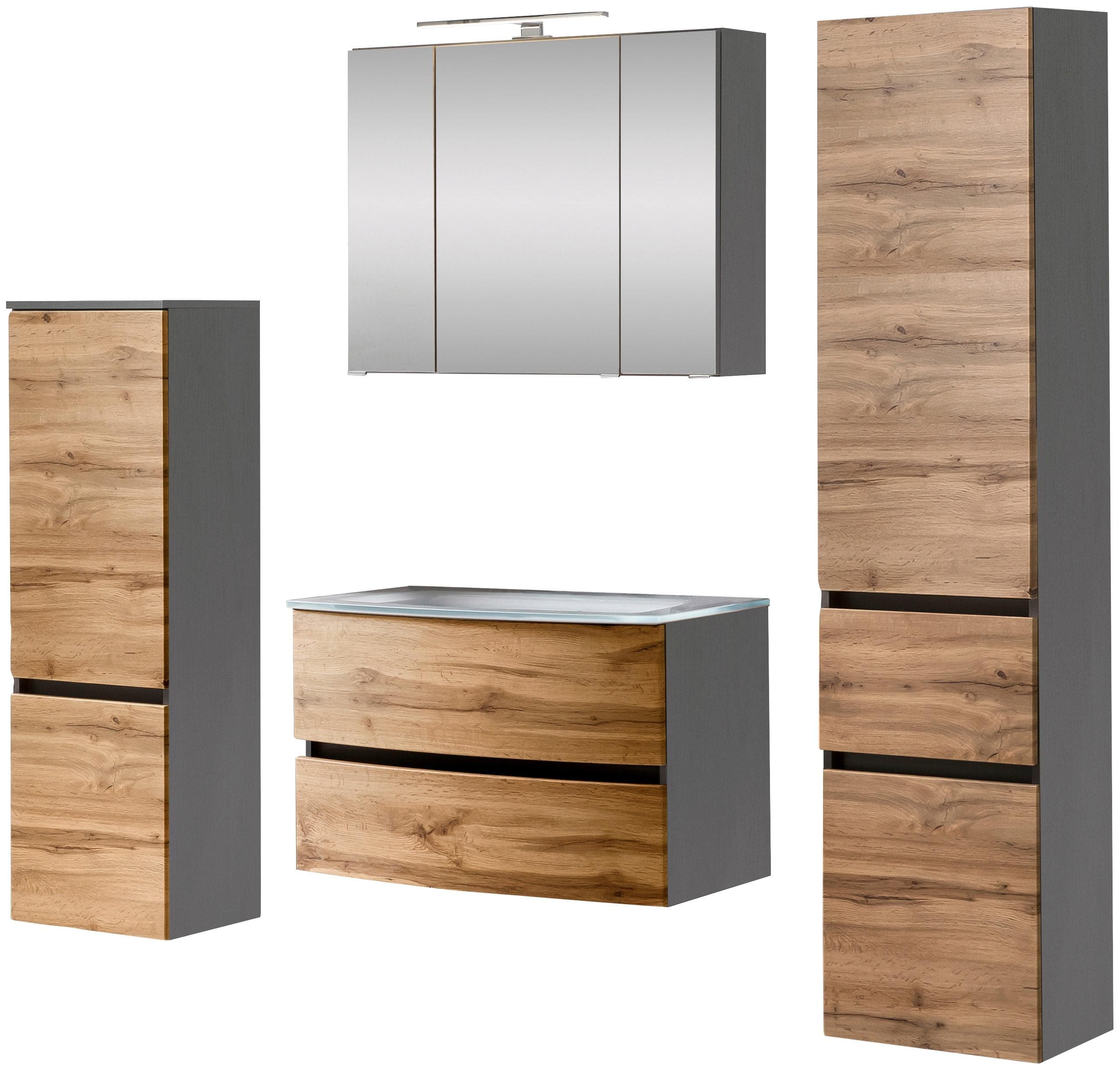 welltime Badezimmer-Set Kaunas, (Set, 4-St), Waschtisch-Set mit Midischrank und Seitenschrank, Breite 160 cm