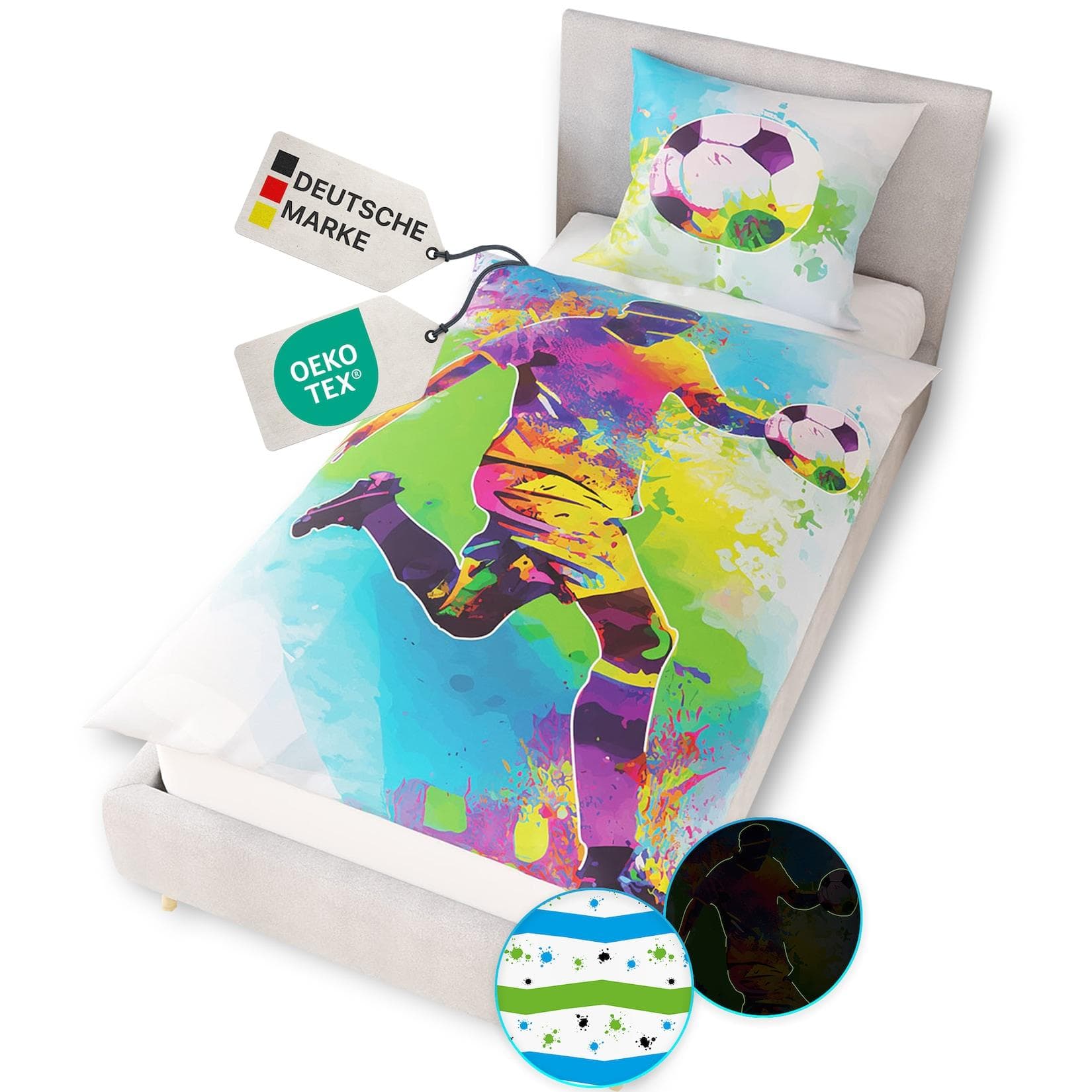 NYVI Kinderbettwäsche Glow in the Dark Fußball 100% Baumwolle