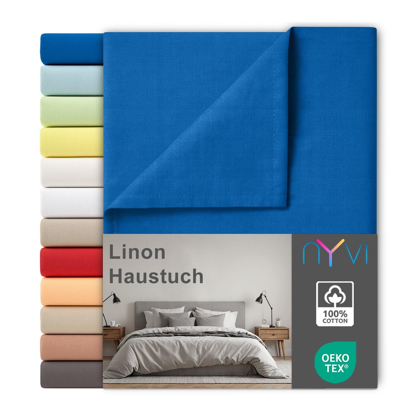 NYVI Linon Deluxe Bettlaken ohne Gummizug aus 100% atmungsaktiver Baumwolle Royalblau