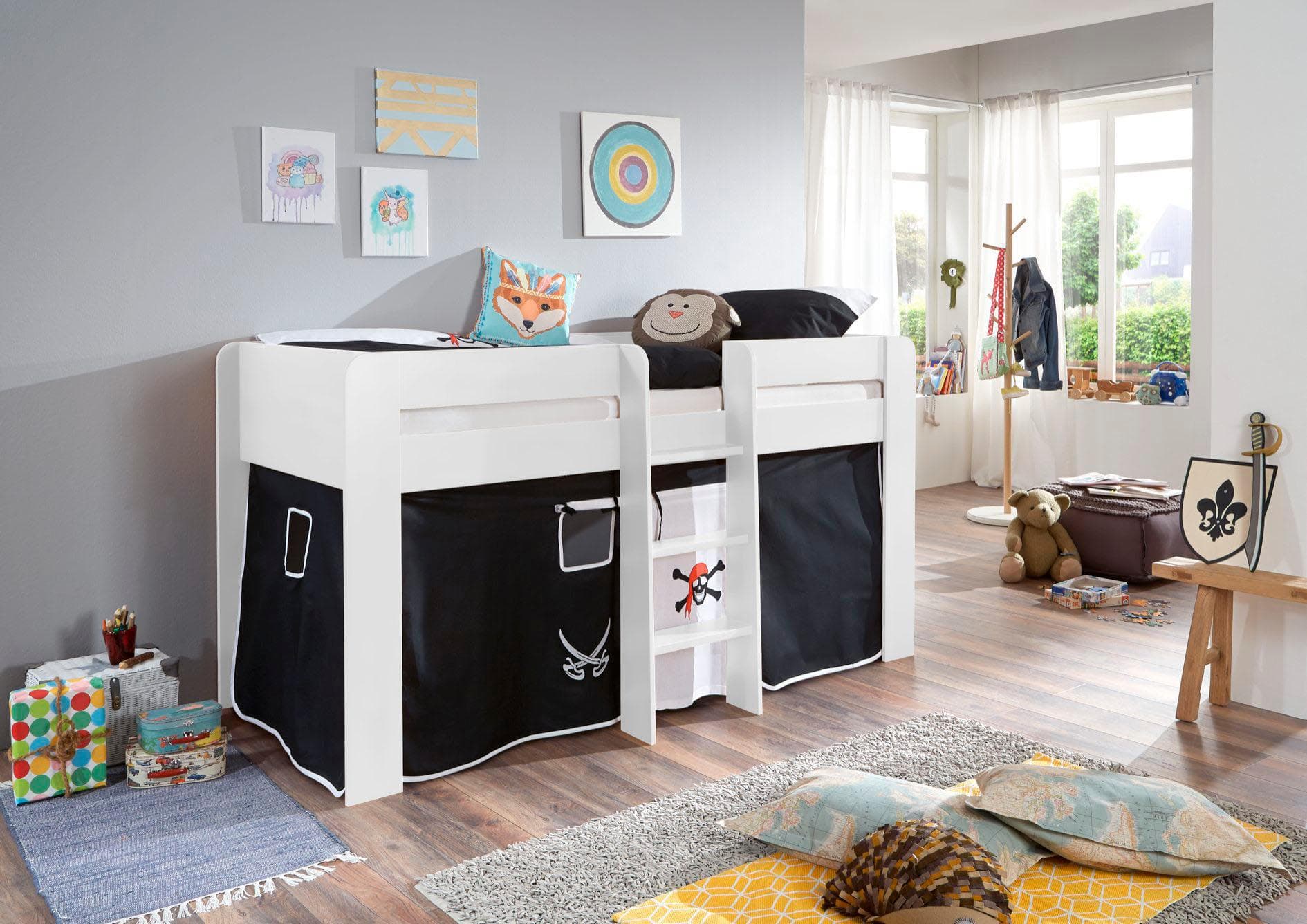 Hochbett RELITA "Andi" Bunt Buche Dekor Weiß Pirat mit Rolllattenrost und Vorhang