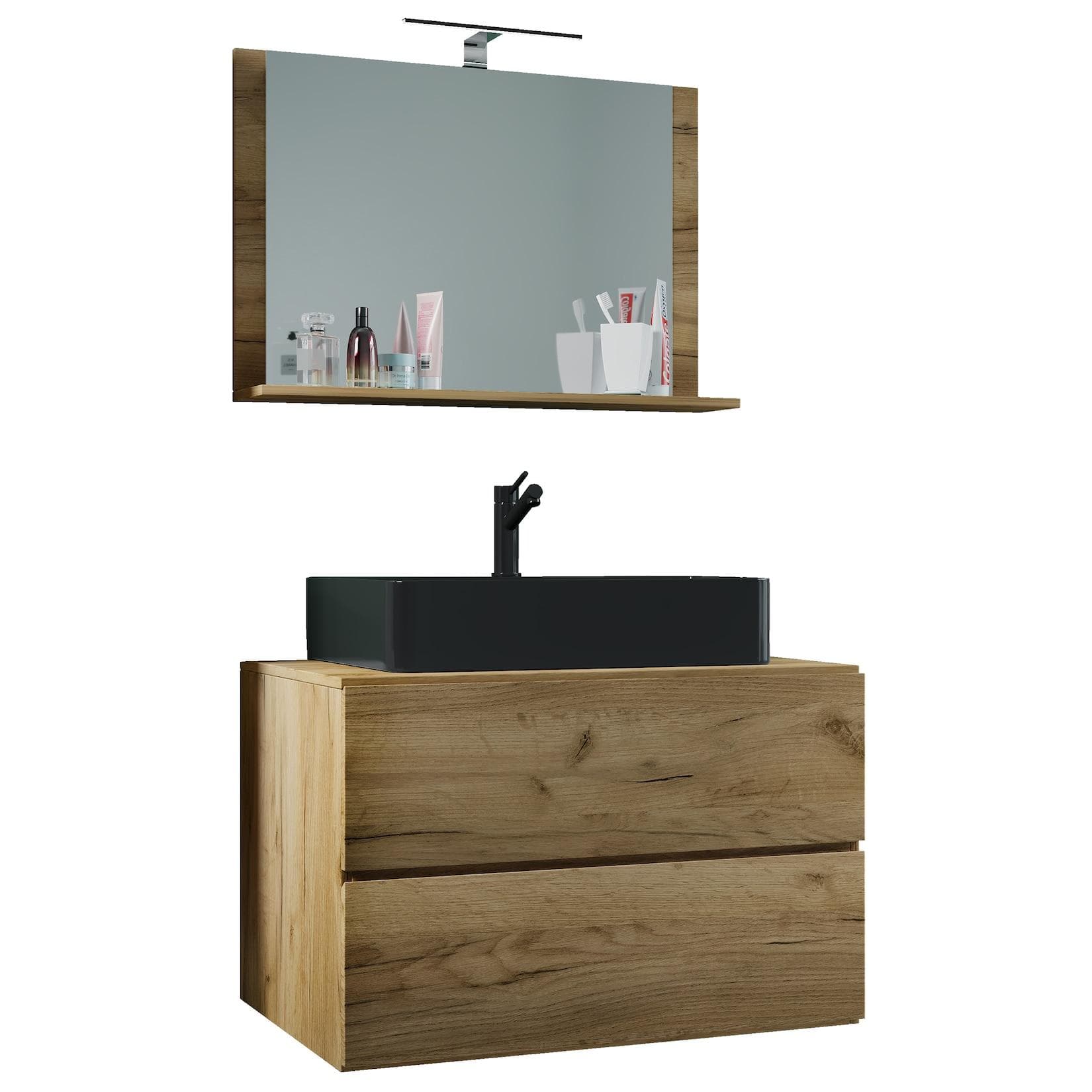 VCM Waschplatz Waschtisch Waschbecken Unterschrank 80 cm Badmöbel-Set mit Schubladen Spiegel