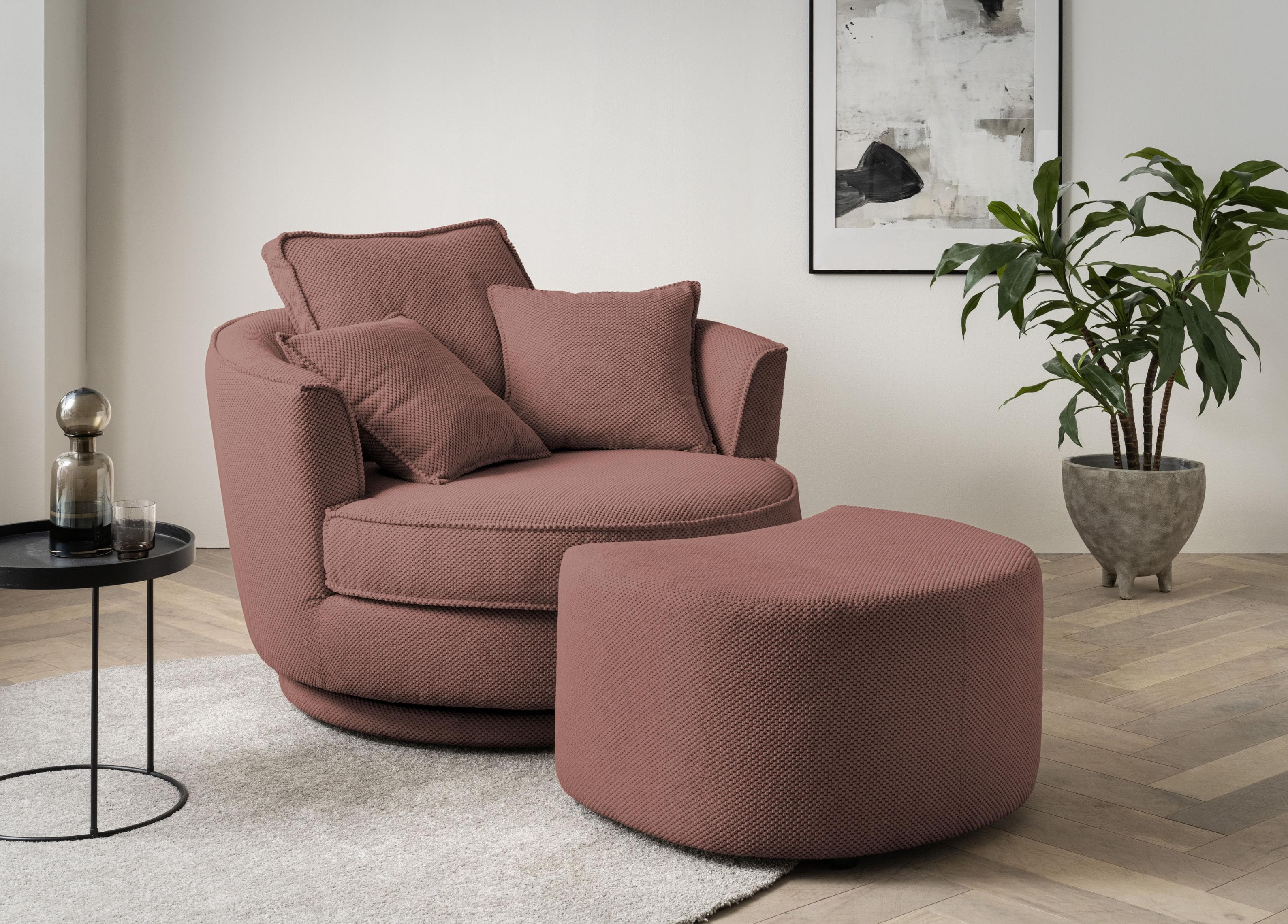 Drehbarer XXL Lese-Sessel mit Hocker in Cord & Web-Velours