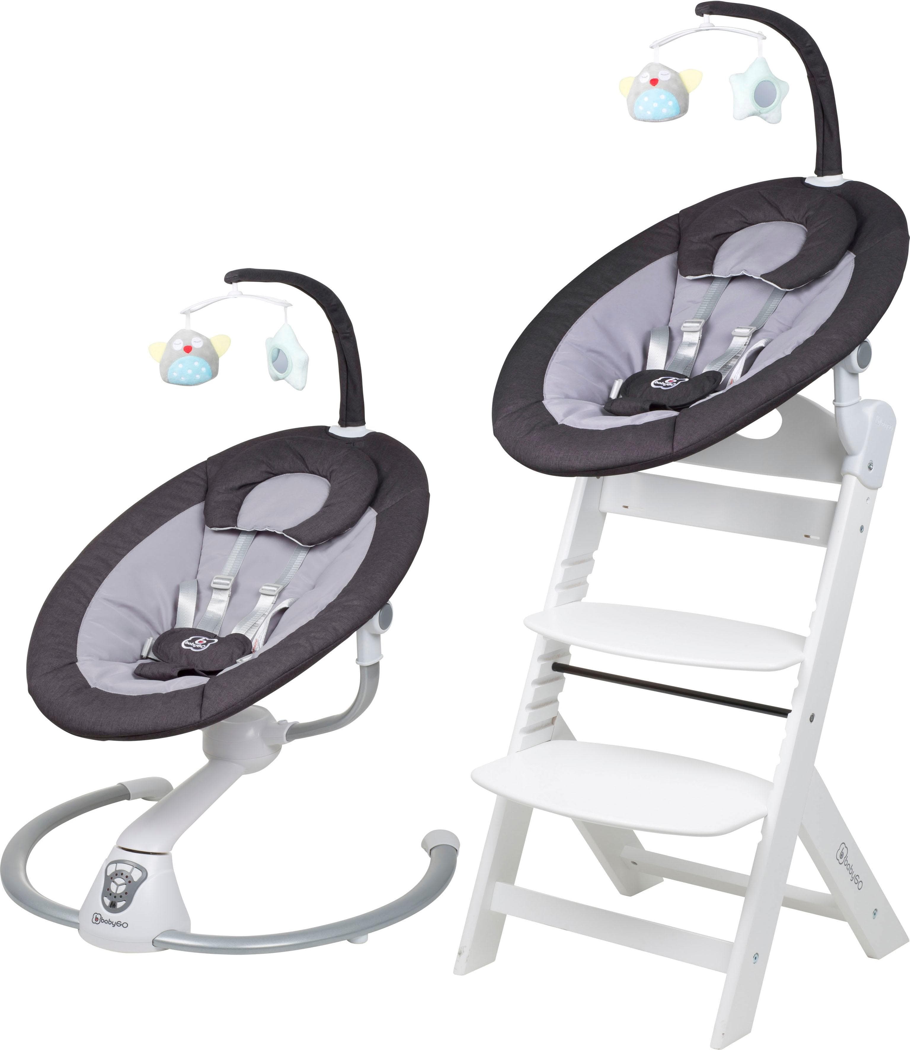 BABYGO Hochstuhl Family Homey Set weiß/dunkelgrau mit elektrischer Babywippe