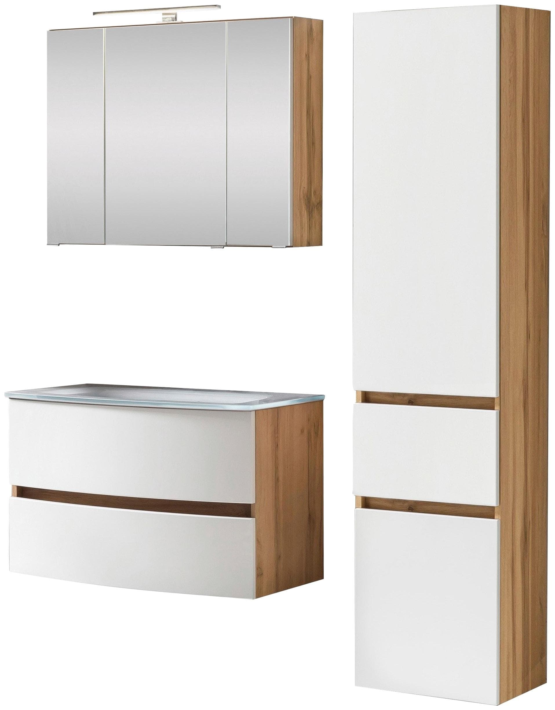 Welltime Badezimmer-Set Kaunas: Weiß/Wotaneiche Waschtisch mit Seitenschrank