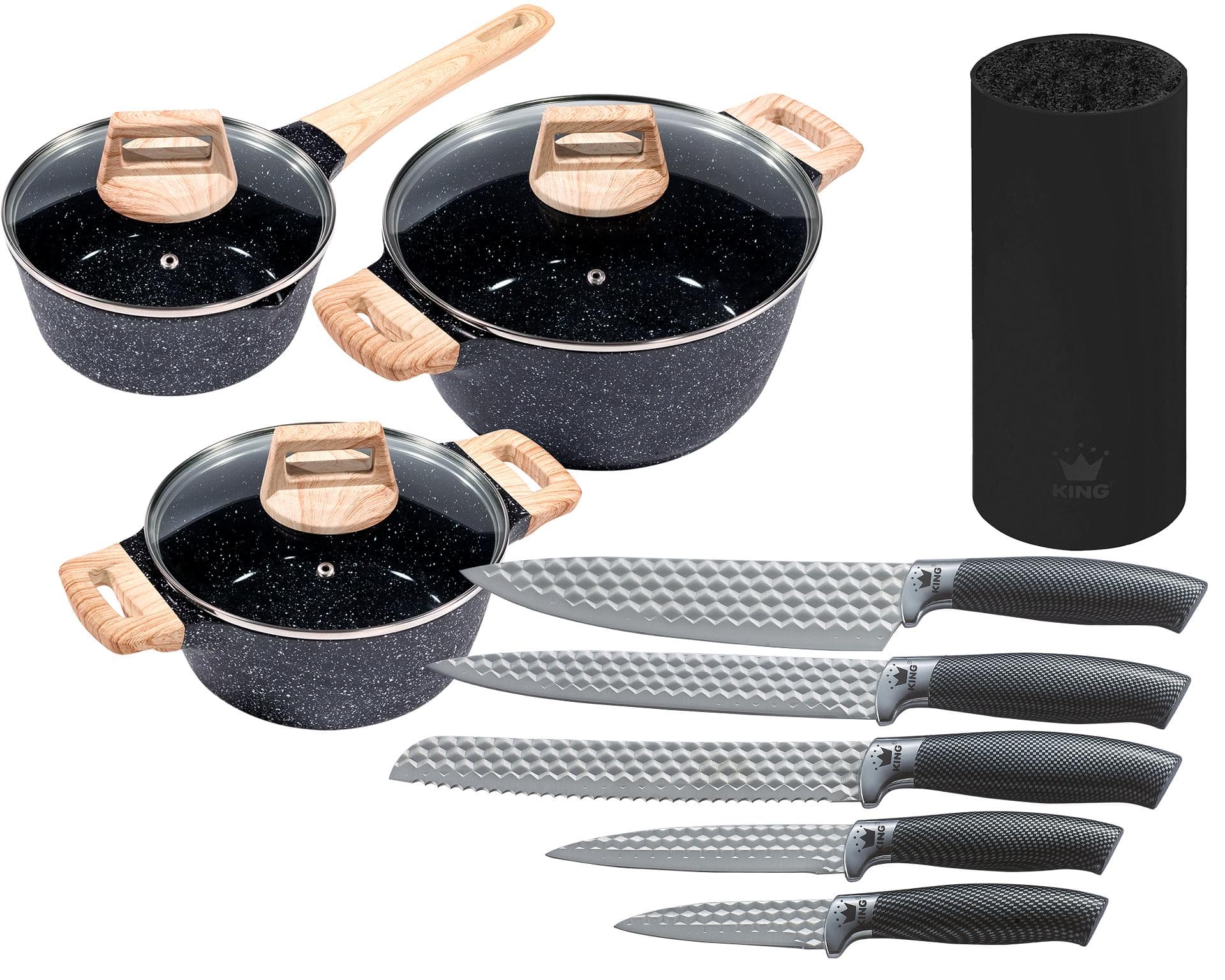 KING Kochtopfset Essential Aluminiumguss Antihaftbeschichtung Schwarz 7,5 l inkl. 5 Küchenmesser