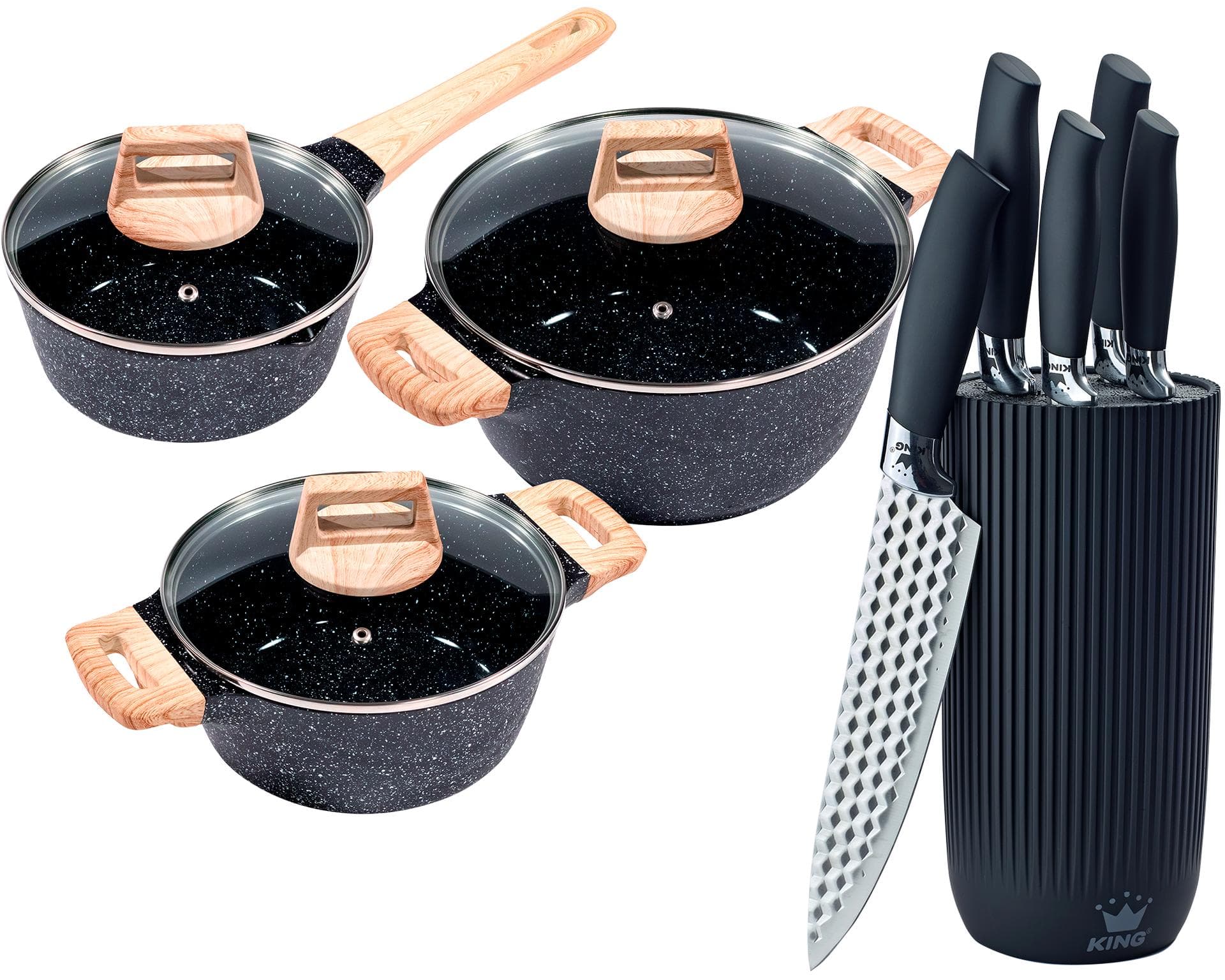 KING Kochtopfset Essential Aluminiumguss Antihaftbeschichtung Schwarz 7,5 l 3 Töpfe 5 Küchenmesser Messerblock