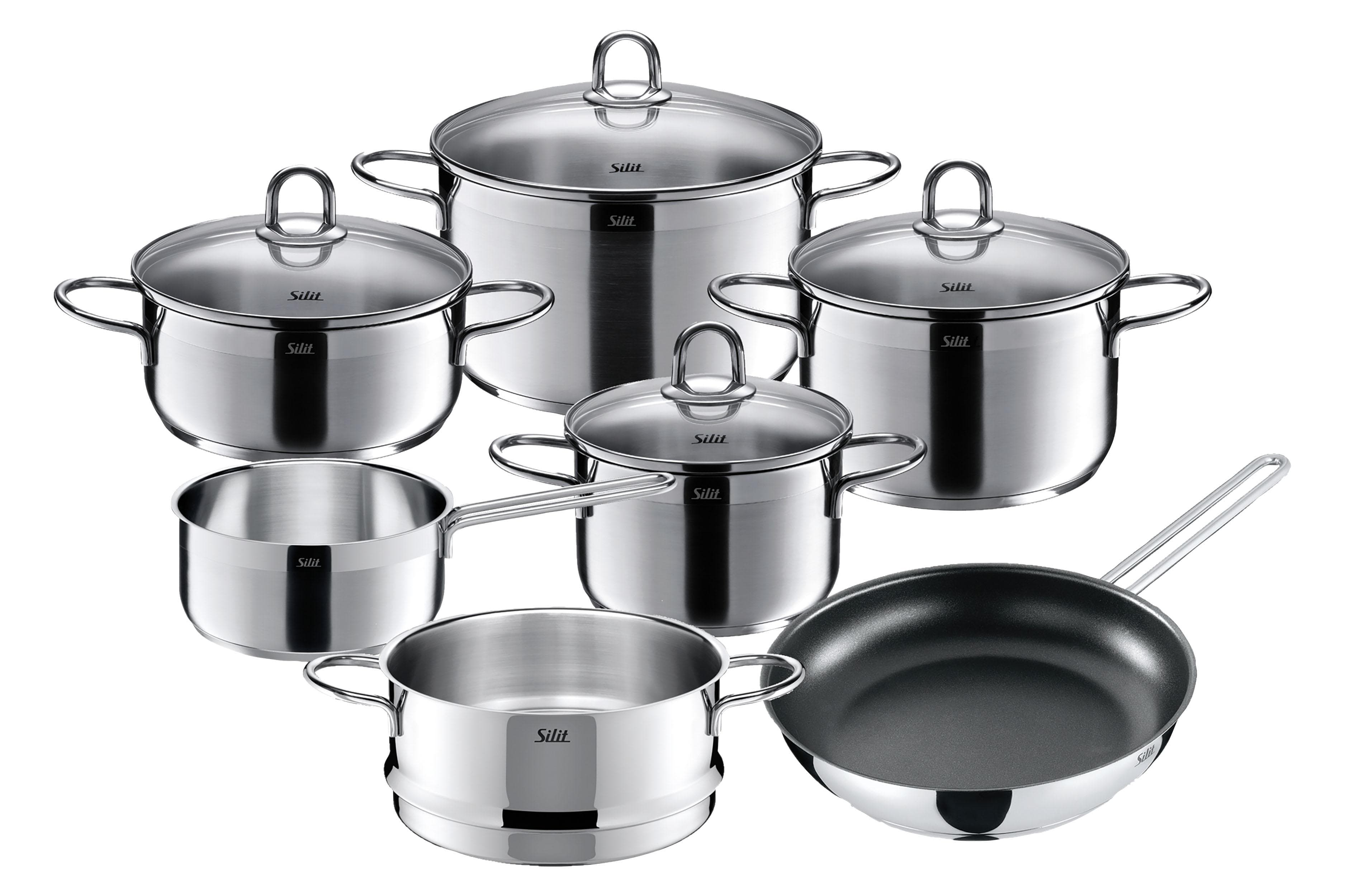 Modernes Topf-Set aus Edelstahl und Glas