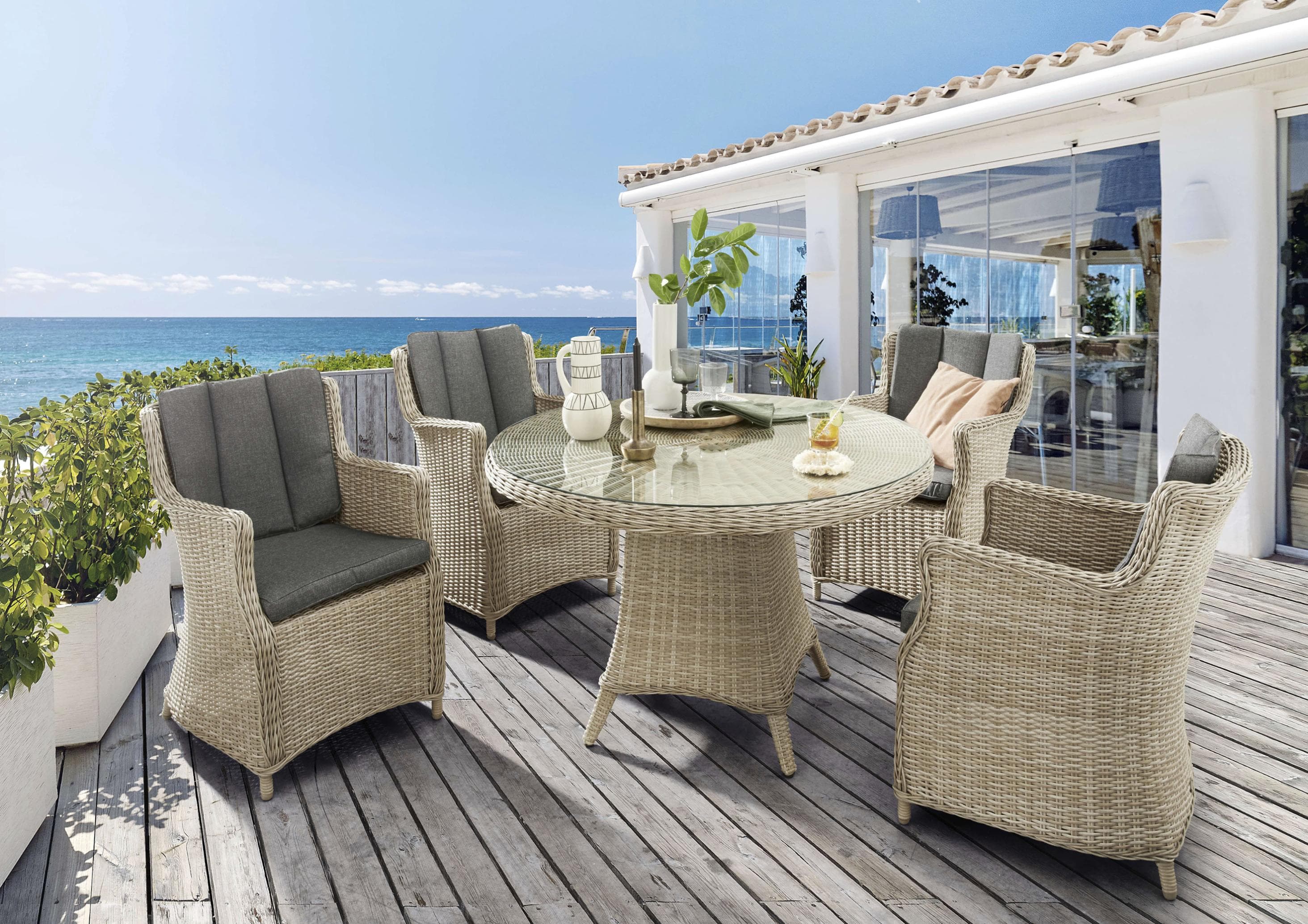 4-Sessel Garten-Essgruppe aus Polyrattan mit Auflagen