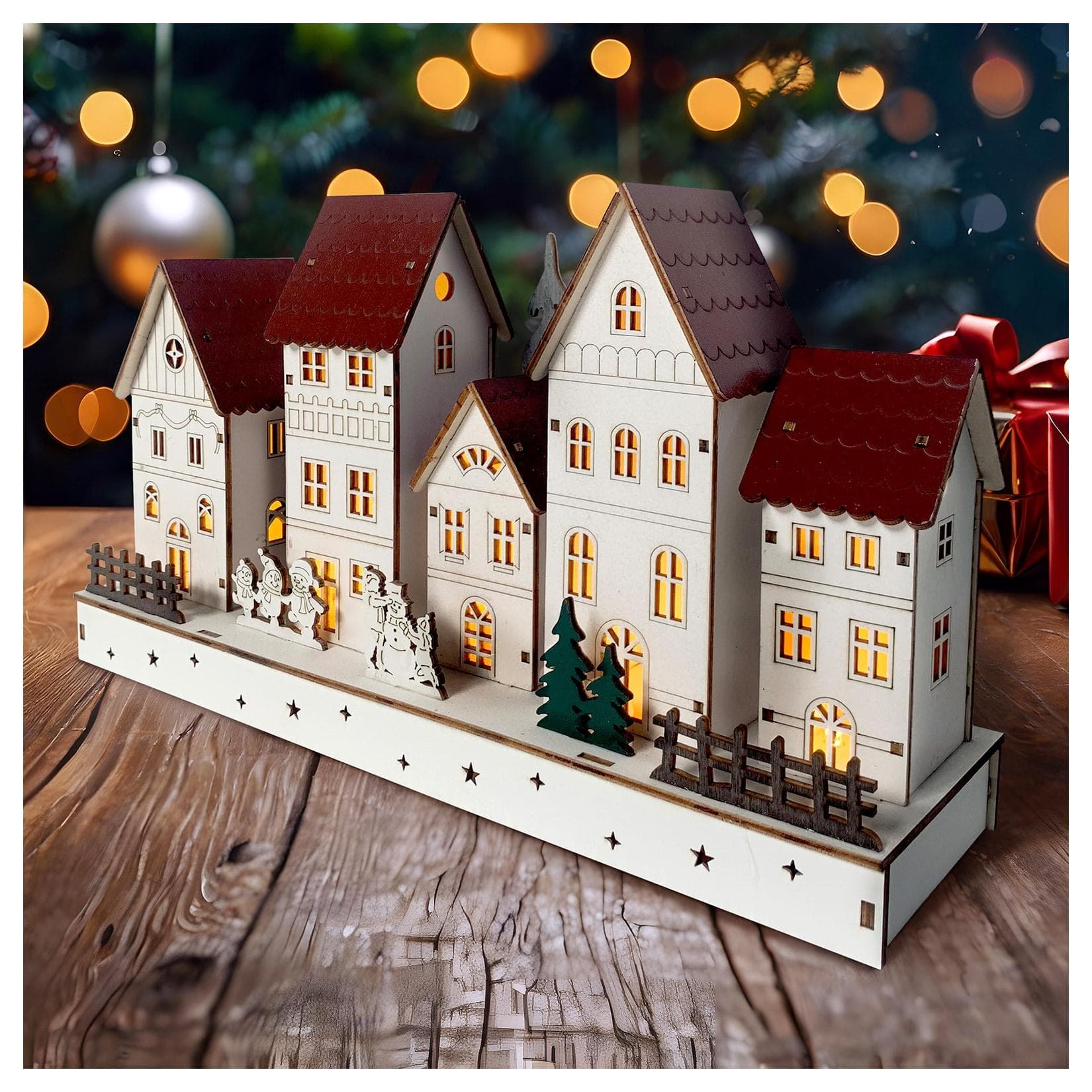 HTI-Living LED Holz Weihnachtsdorf mit Wintermotiv, beleuchtete Winterstraße